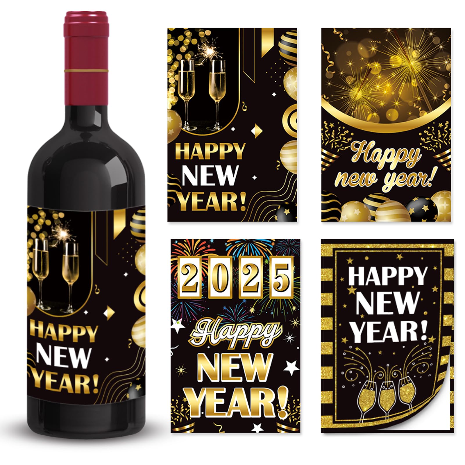 Happy New Year Wine Bottle Labels Stickers 2025 New Years Eve Party Decoration New Years Eve Self Adhesive Wine Bottle Stickers 8 Pcs Wine Bottle Decorations Party Favor for New Year Eve Party