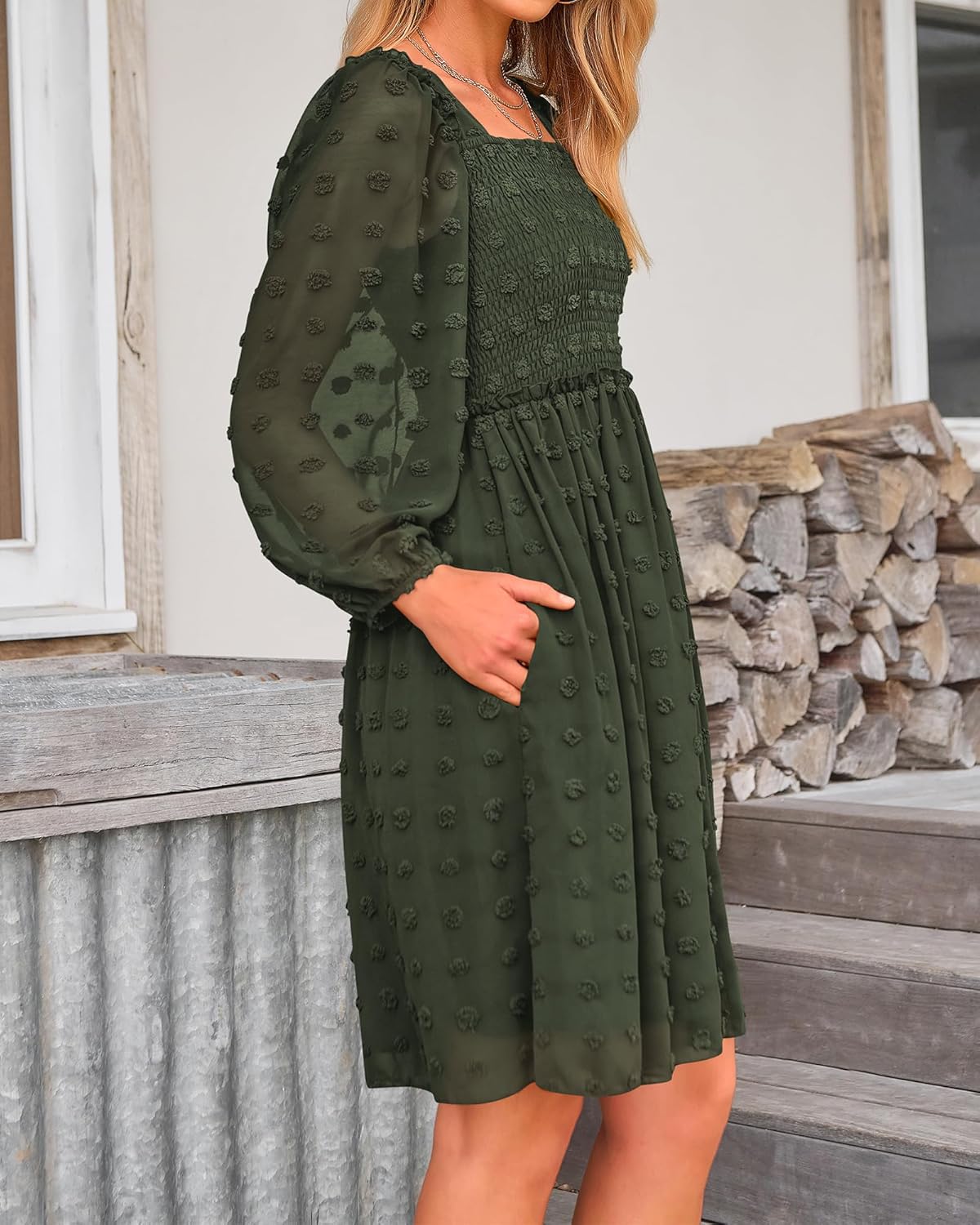 BTFBM Womens Long Sleeve Dress Vacation Square Neck Smocked Floral Swiss Dot Mini Boho Spring Wedding Guest Dresses 2026 - Image 8