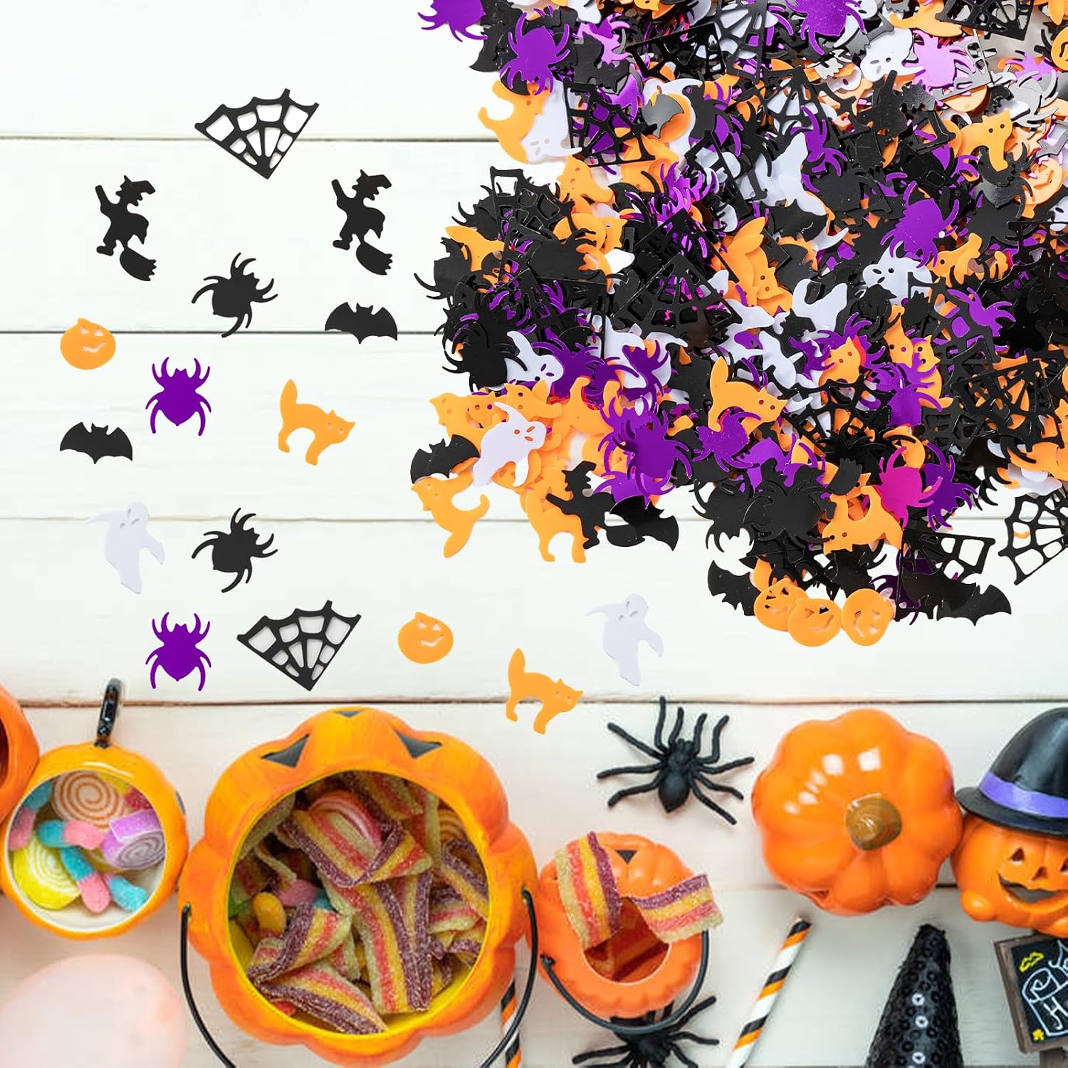 Halloween Confetti Decorations, Pumpkin Ghost Spider Webs Metallic Foil Table Confetti Glitter Sprinkles Sequin for Halloween Party Home Decoration, 1500pcs/50g
