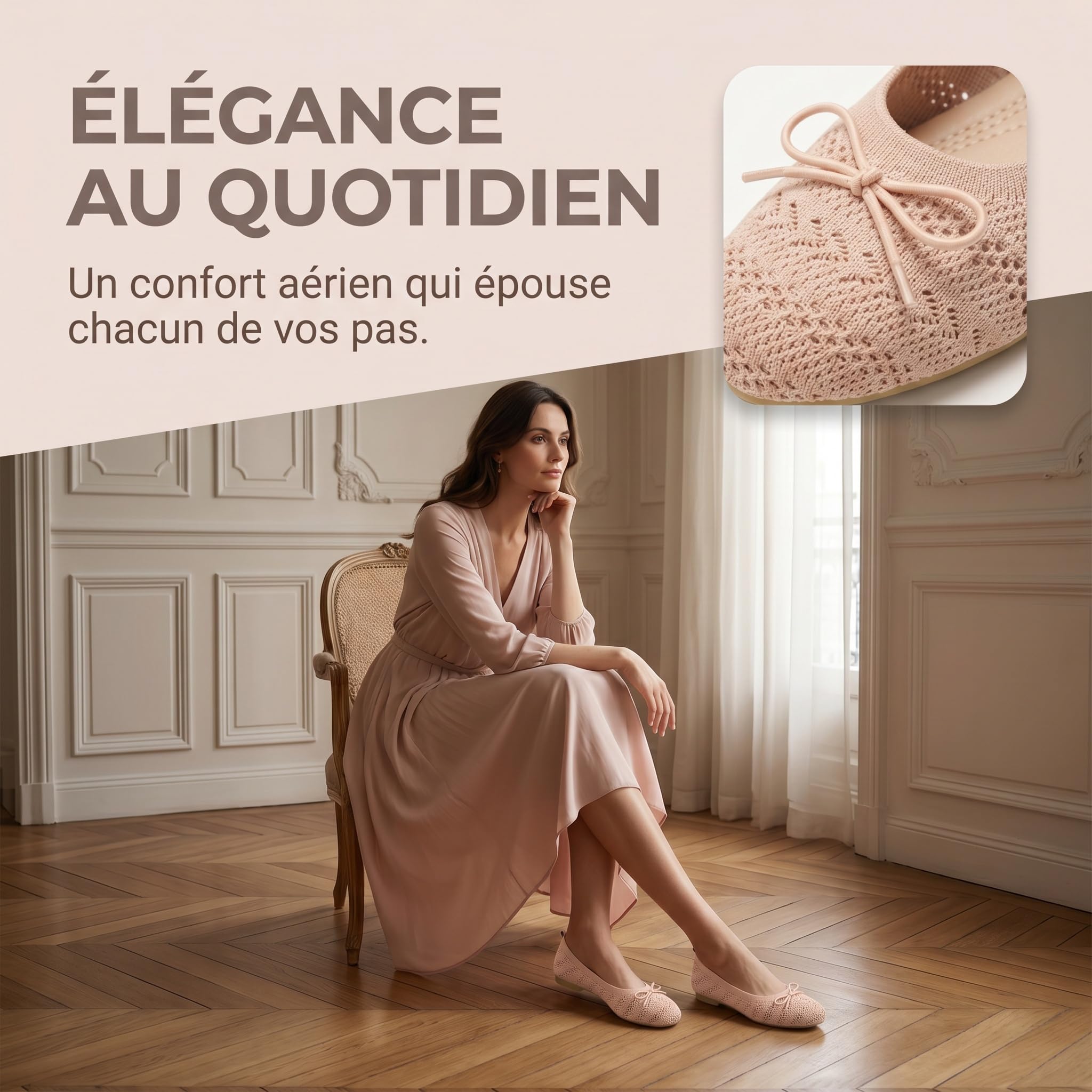 Ballerines en tissu pour femme, avec nœud, antidérapantes, type manolétine ultra douce