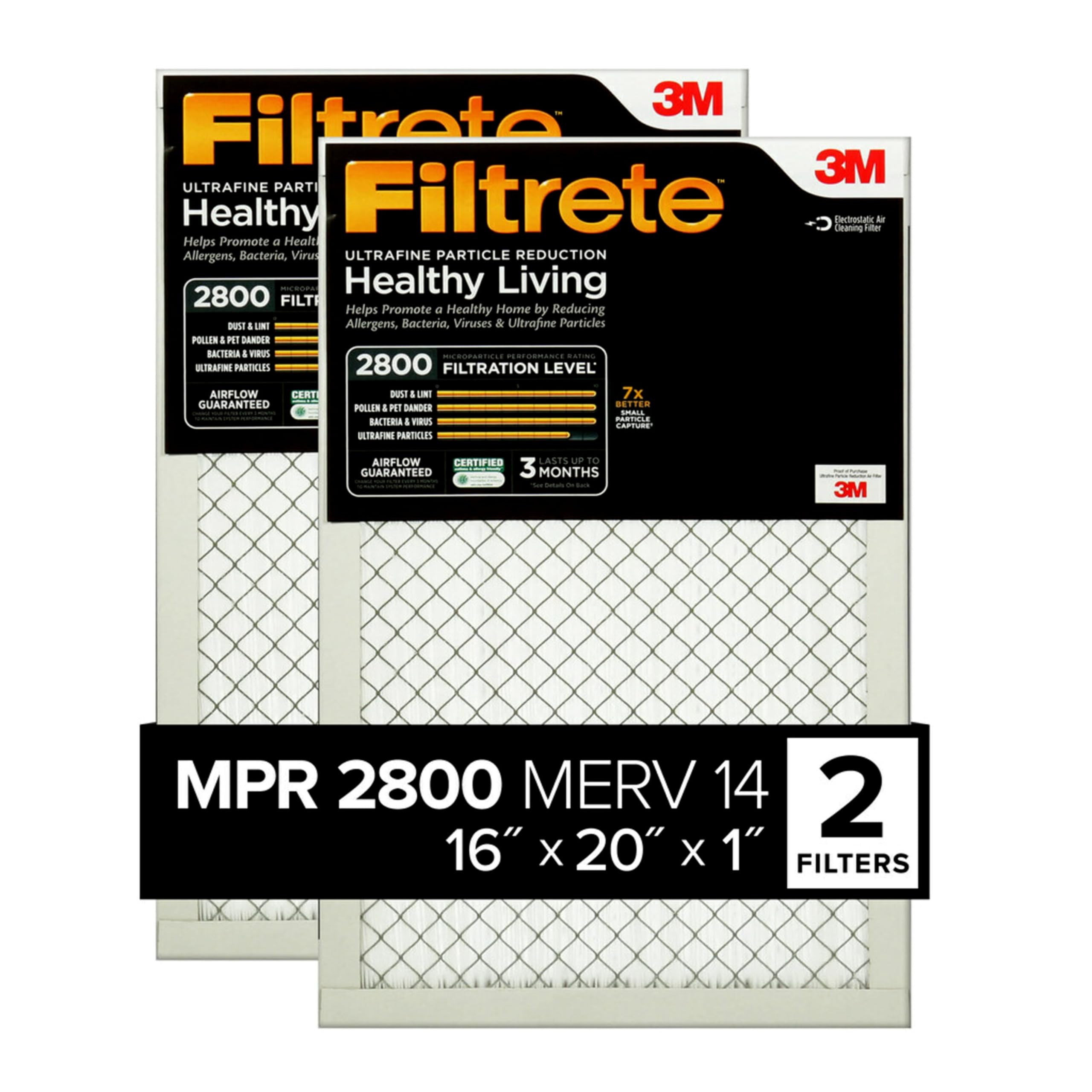 Filtrete 16x20x1 Air Filter, MPR 2800, MERV 14, Healthy Living Ultrafine Particle Reduction 3-Month Pleated 1-Inch Air Filters, 2 Filters