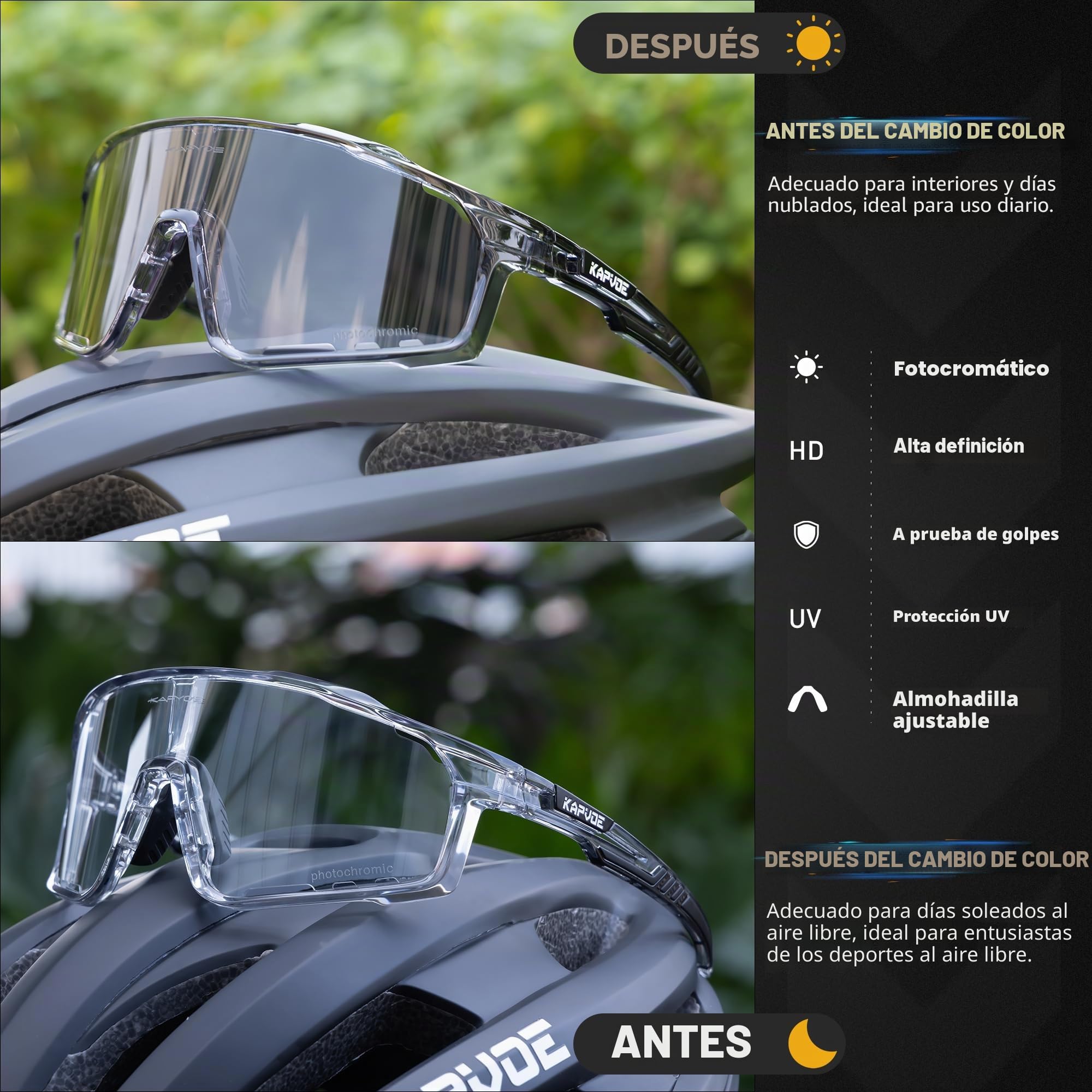 KAPVOE Gafas Ciclismo Fotocromáticas Lente y Montura UV400 Color Negro K76 | Lente & montura fotocromáticas, lente transparente a negro CAT.0-CAT.2, UV400, almohadilla regulable