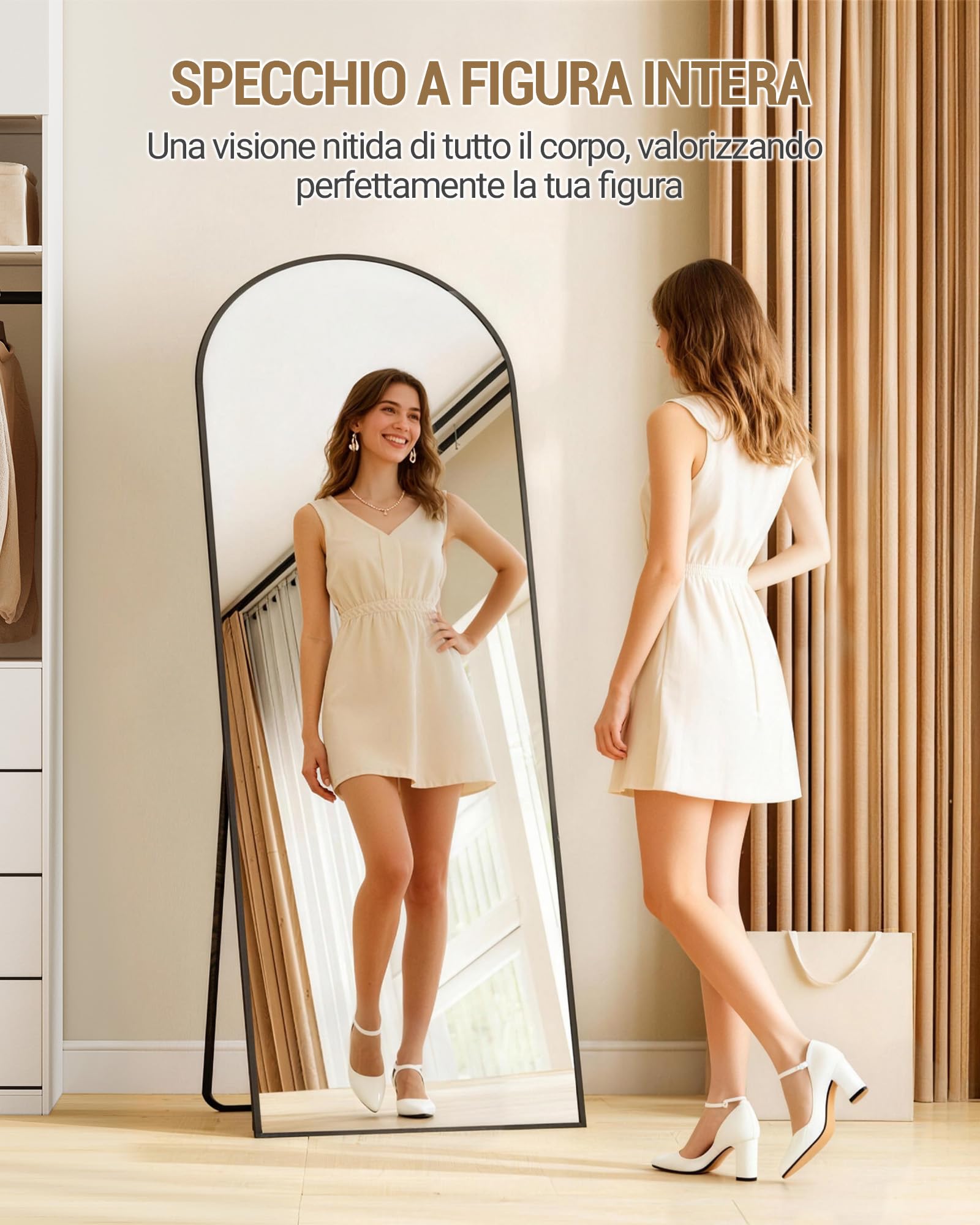 Hzuaneri Specchio a Figura Intera, 160 x 50 cm, Specchio da Terra ad Arco con Supporto, Vetro Temperato, Cornice in Lega di Alluminio, Può essere appeso al muro, Camera da Letto Soggiorno, Nero