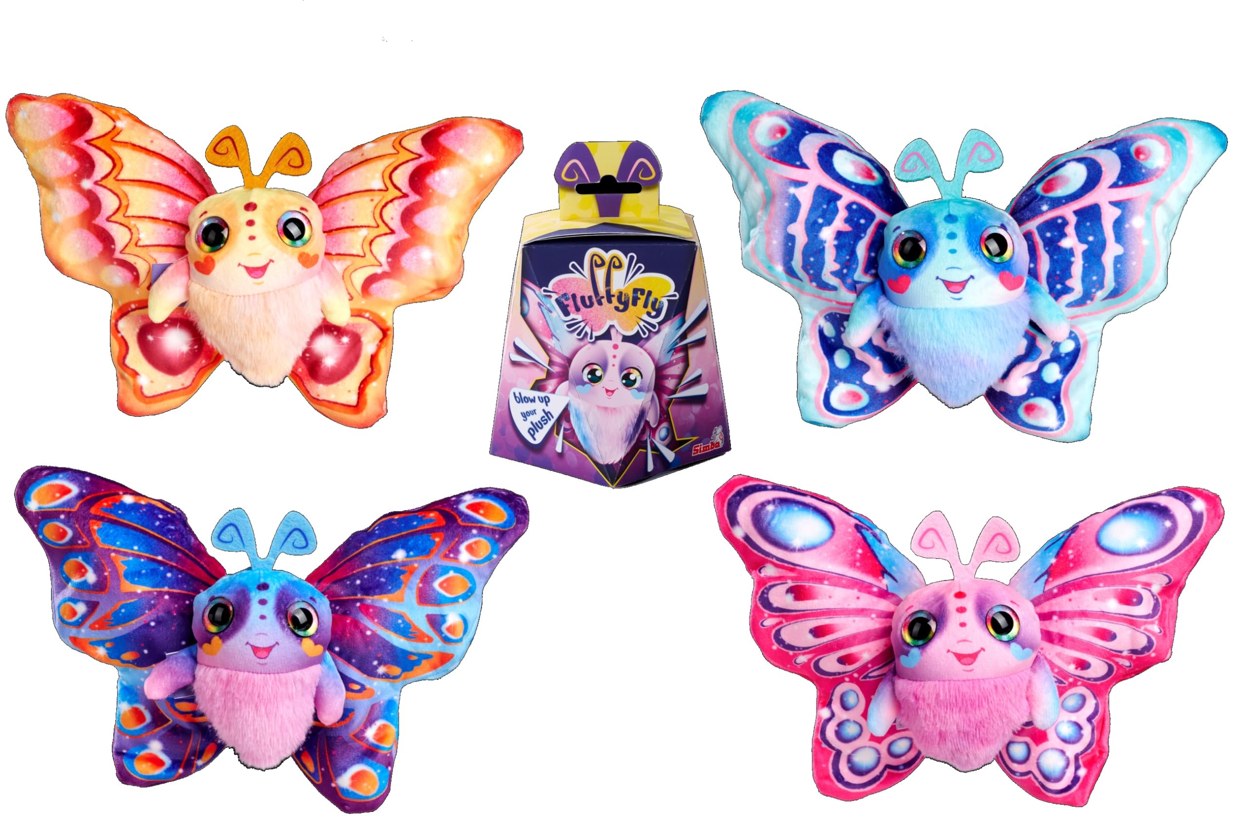 Simba Plüsch Schmetterling Fluffyfly (30 cm) – Aufblasbares Kuscheltier mit Regenbogen-Augen und Überraschungseffekt – Geschenkidee für Kinder – weiches Stofftier ab 3 Jahren für Mädchen und Jungen