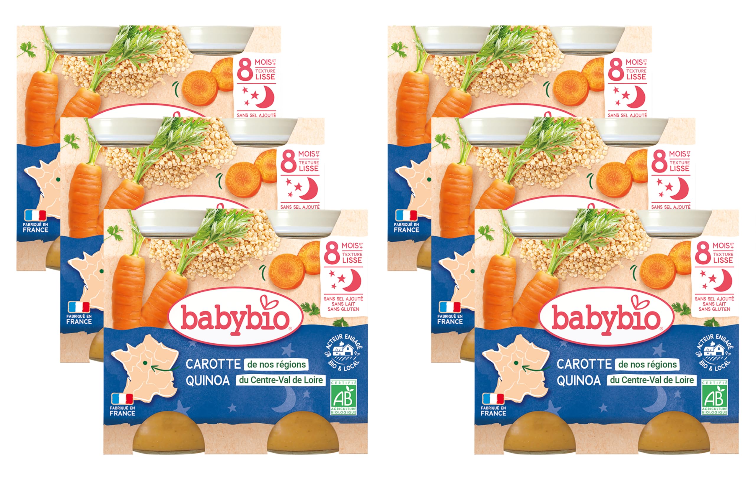 Babybio - Bonne Nuit - Petits Pots Mouliné de Carotte des Landes Quinoa 2x200 g - PACK de 6 - 8 Mois - BIO