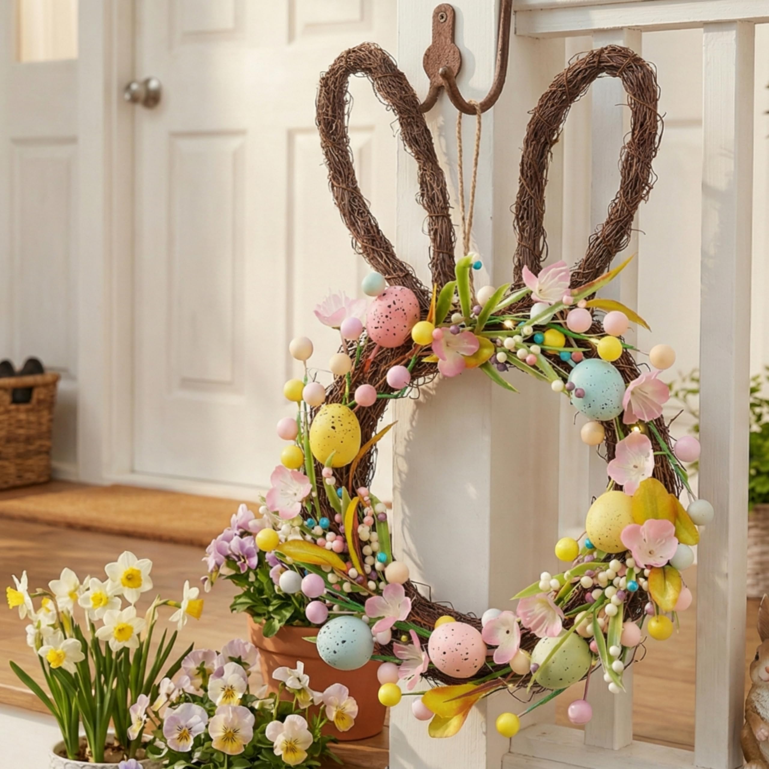 Valery Madelyn Ghirlanda di coniglietti pasquali per porta d'ingresso con luci, ghirlanda di coniglio pasquale decorazione con uova pastello, ghirlanda artificiale primaverile per casa, interni ed