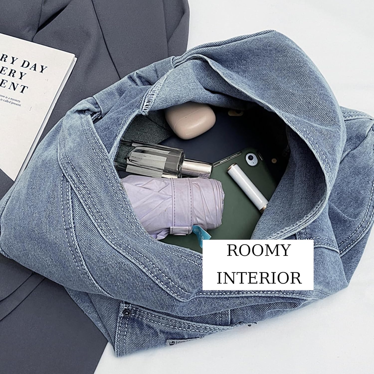 Denim Purses For Women Fashion Trendy Jean Purse Denim Purse Handbag Shoulder Bag Foldable Cute Canvas Denim Tote Bag - Image 6