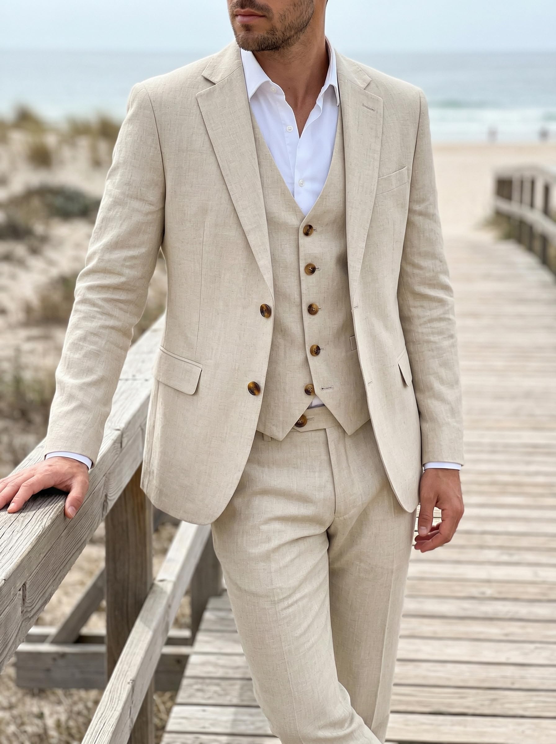Completo da uomo in lino, 3 pezzi, slim fit, per spiaggia, matrimonio, formale, lavoro, sposo, ballo scolastico, set di abiti