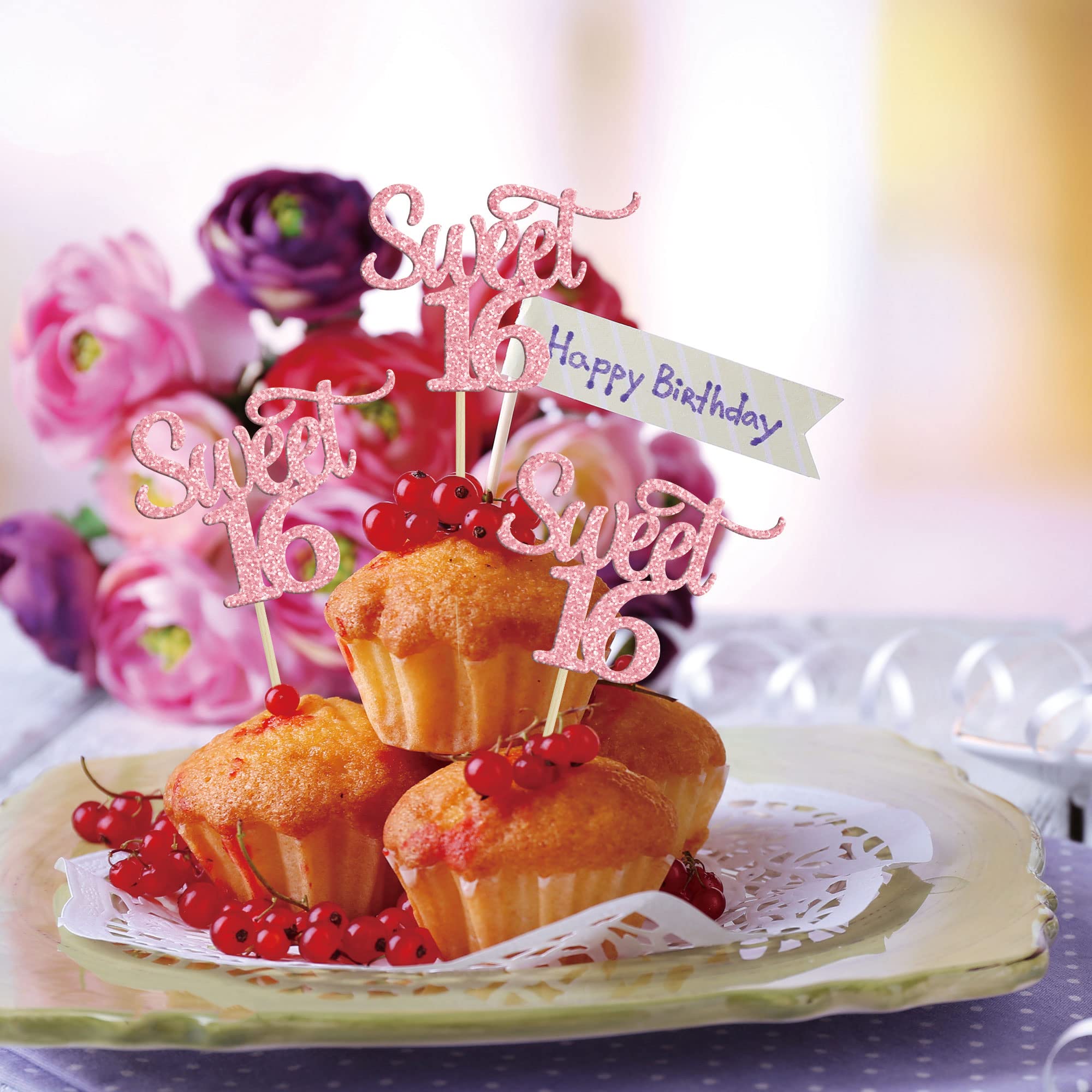 Gyufise Happy Sweet – 24 Decorazioni Glitterate Per Cupcake Per 16° Compleanno, Rosa, Con Stecchino, 6,1x11,2 Cm