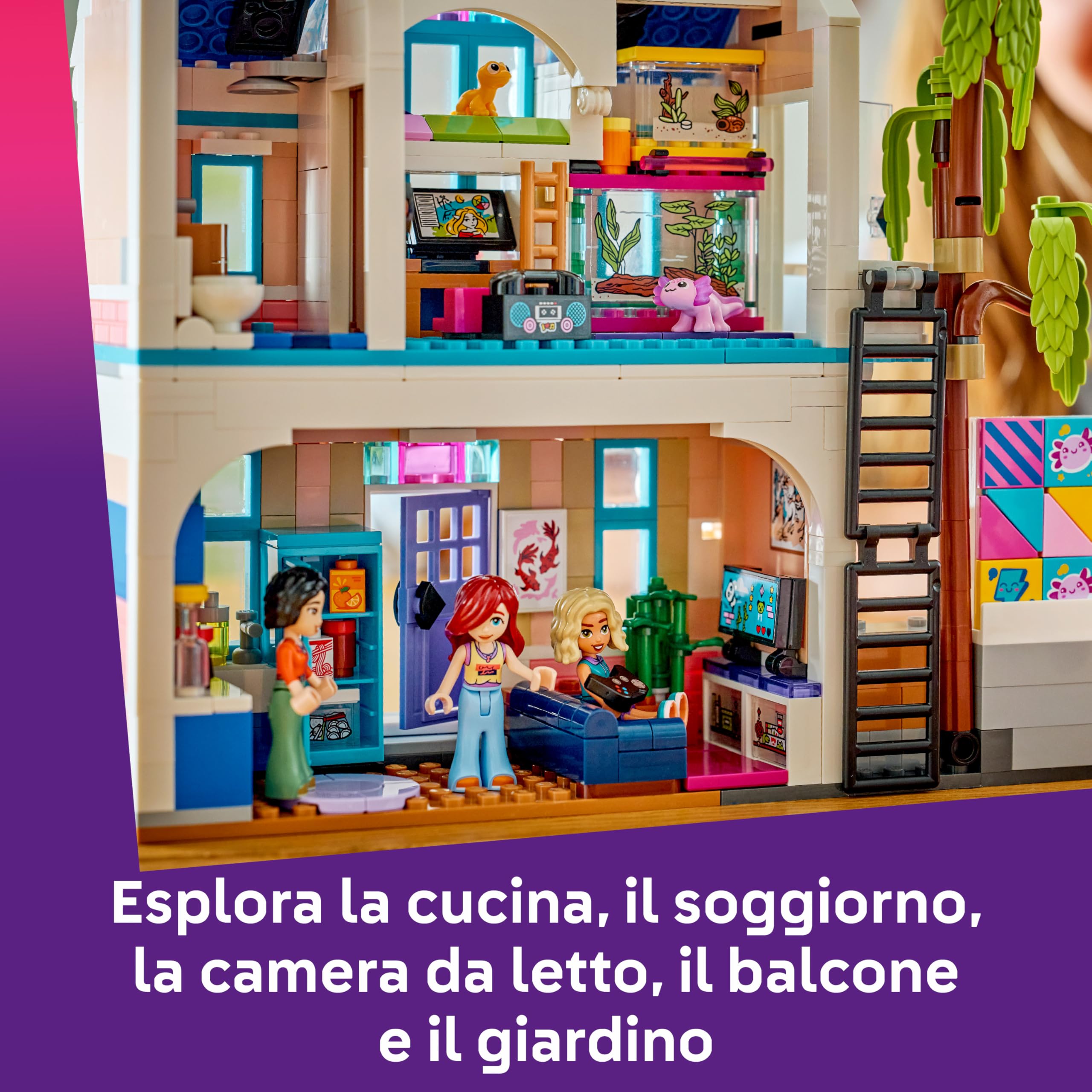 LEGO Friends Casa della Famiglia di Liann - Giocattolo in Miniatura da Costruire con Giardino, 4 Mini Bamboline, Animale Axolotl, Gecko e Accessori - Regalo di Compleanno per Bambine da 7 Anni - 42687