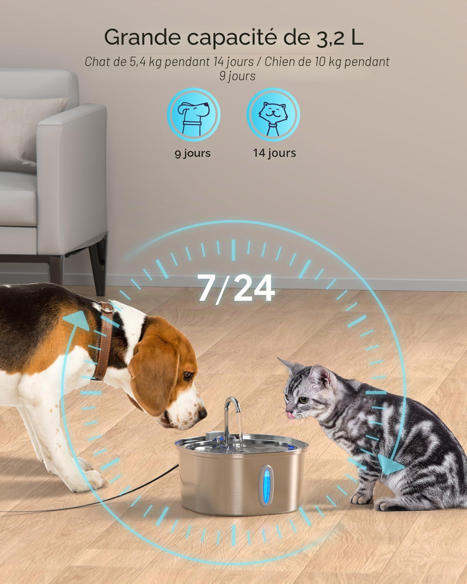 Fontaine à Eau pour Chats PEKTACO en Acier Inoxydable – Fontaine 3.2L pour Intérieur avec Indicateur de Niveau d'eau, Fontaine pour Chats et Chiens, 6 Filtres + 6 Éponges