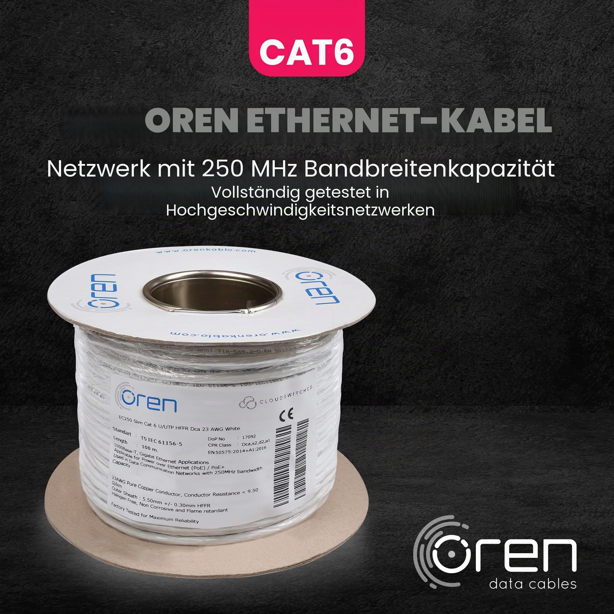Oren CAT6 100m Ethernet Kabel Weiß - Schlank - 23 AWG Reines Kupferdraht - 250 MHz Bandbreite UTP Internet LAN Netzwerkkabel - Halogenfrei, Korrosionsfrei - Gigabit High Speed Ethernet Kabel