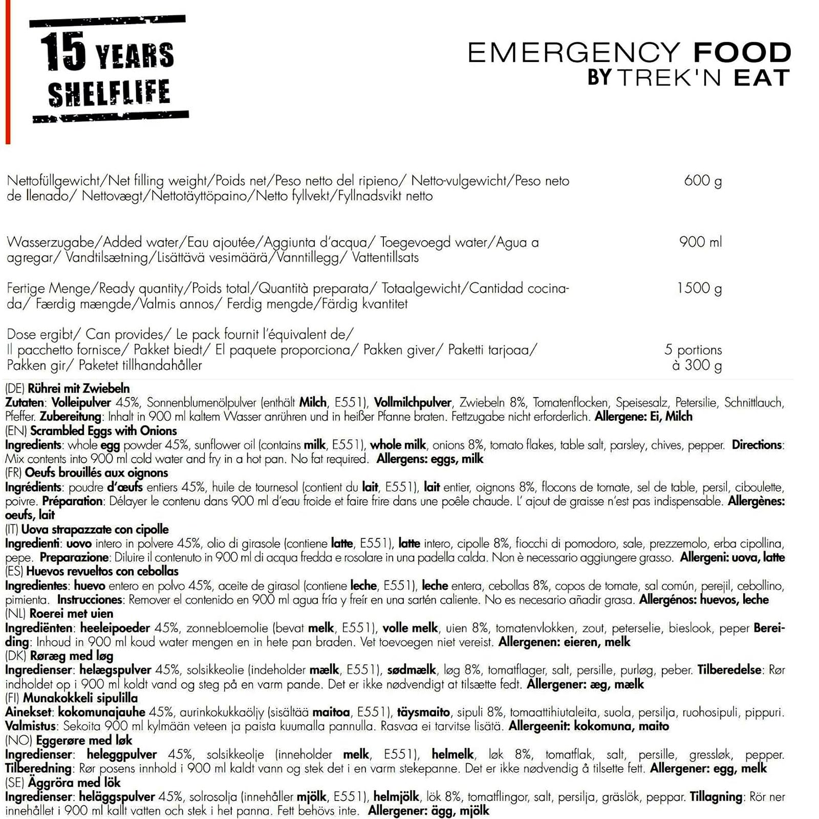Huevos Revueltos con Cebolla TREK'N EAT EL - 15 Años de Caducidad | Ingredientes Naturales, Liofilizados | 5 Porciones | 15 Años de Caducidad | Desayuno, Suministros de Emergencia