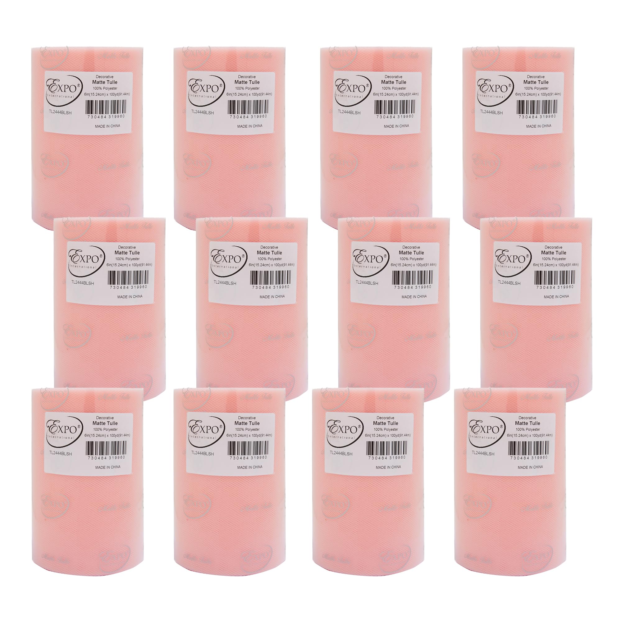 Expo International Decorative Matte Tulle, Roll/Spool of 6” X 100 Yards, Lightweight Polyester Tulle Fabric for Tutus, Costumes, and Party Decorations, Washable, Easy-to-Use, Pack of 12, Blush Pink