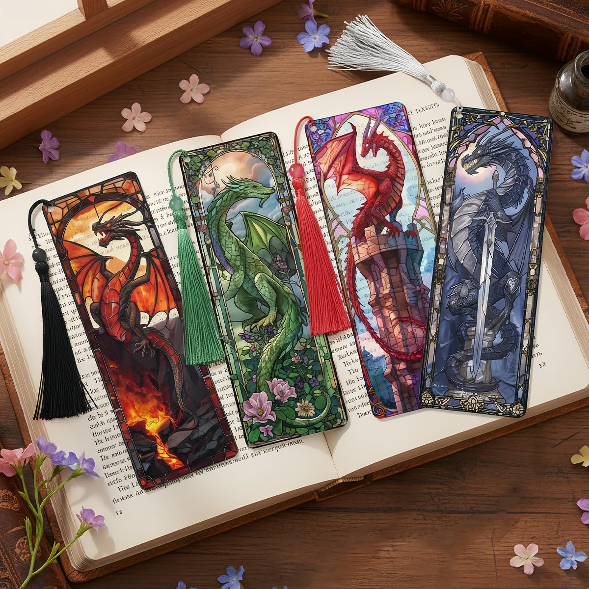 4 Pcs Stained Glass Dragon Bookmarks Gifts for Women Men, Transparent PVC Bookmark with Tassels, Cool Book Lovers Accessories, Unique Reading Book Marks for Bookish Office School - Image 6