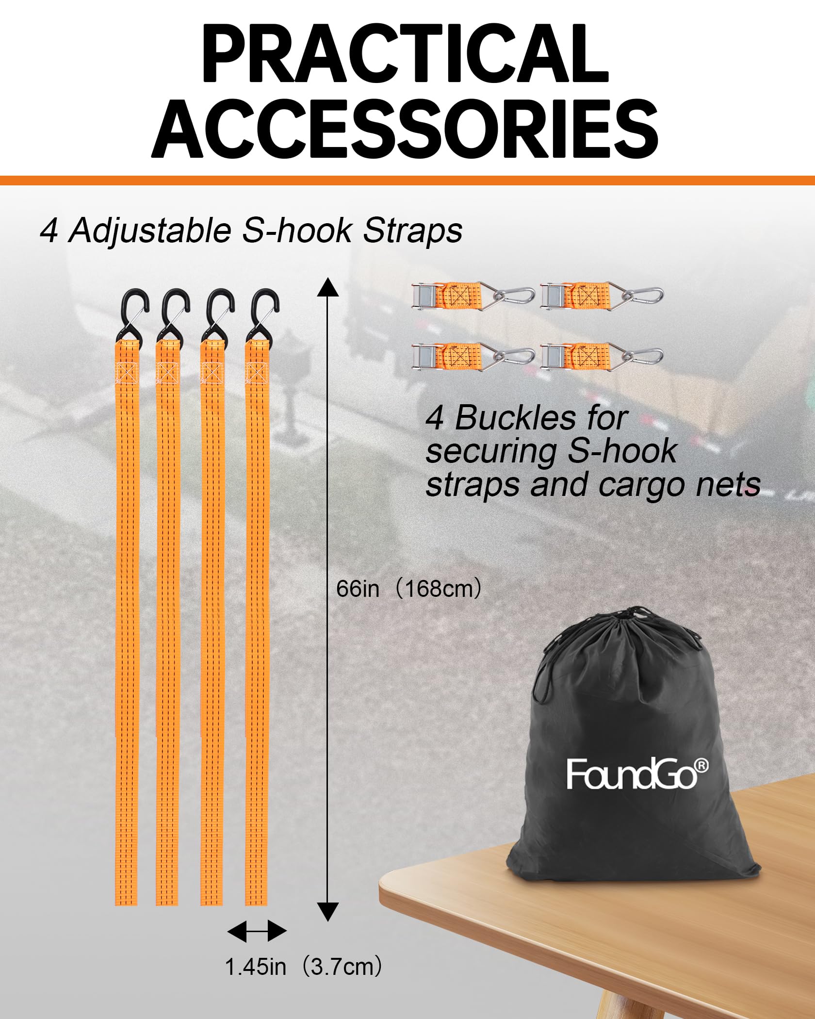 FoundGo Bagagenet voor pick-up vrachtwagen laadvlak [167 x 127 cm], zware belasting, aanhangernet, scheurbestendig, achterklep, vrachtnet, verstelbaar, voor pick-up, vrachtwagen, aanhanger, incl. 4 x
