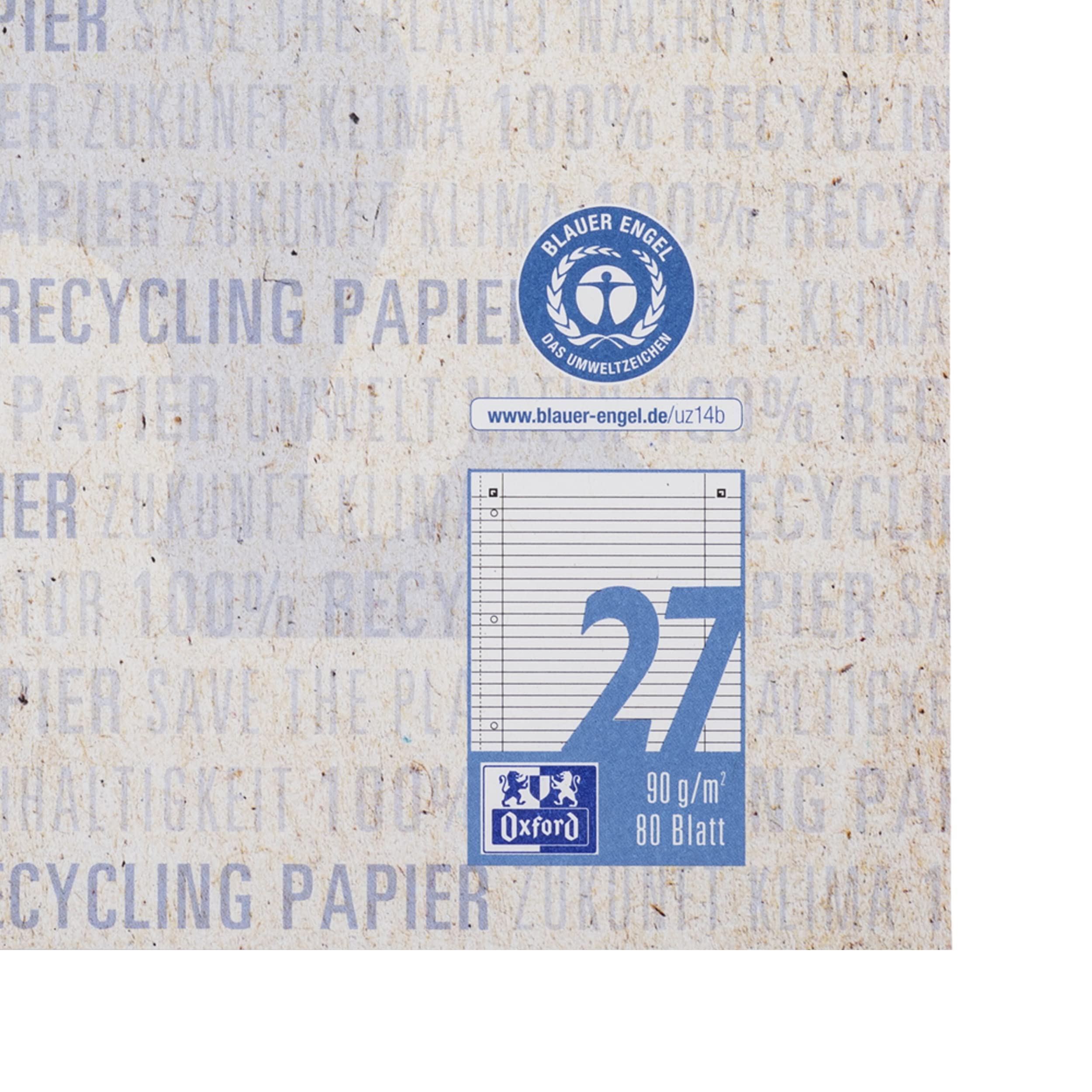 Oxford Recycling Collegeblock A4 liniert mit Doppelrand, 80 Blatt, 10 Stück