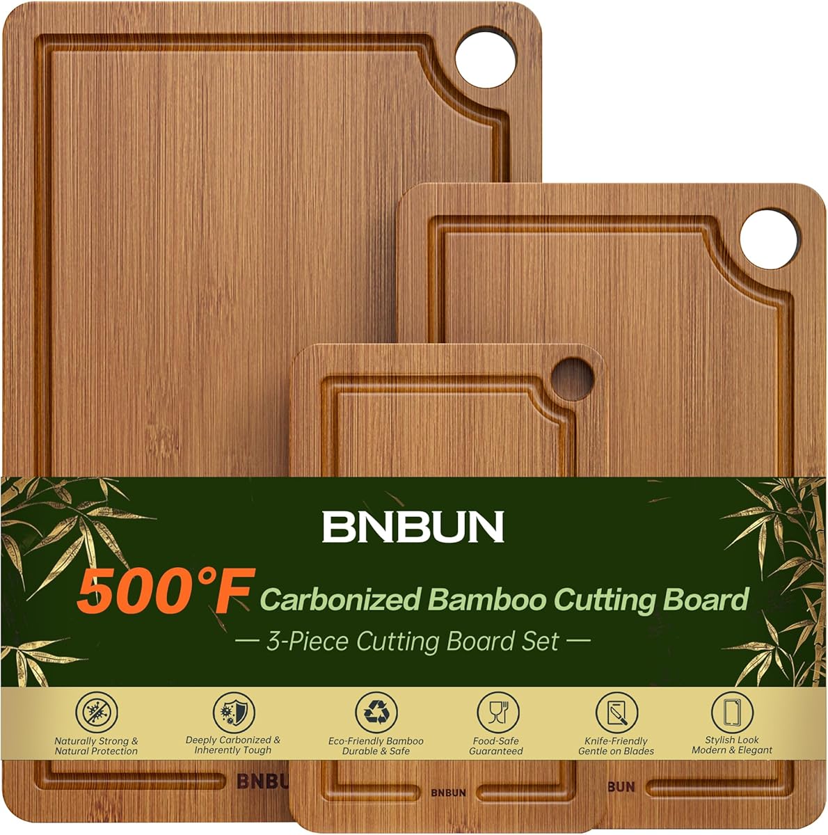 Bamboo Cutting Board for Kitchen Meal Prep & Serving, 3-Piece Wooden Set with Juice Grooves, Side Handles, Non-Slip Mats – Ideal for Meat, Veggies, Fruit – Ideal Gift for the Home (S+M+XL）