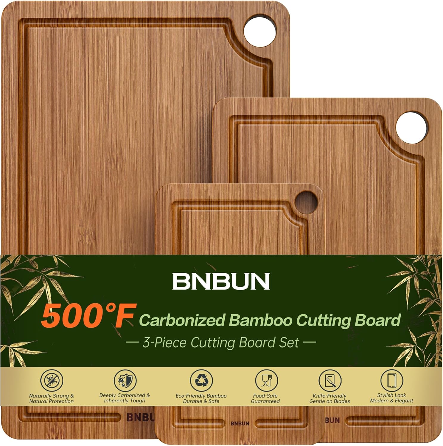 BNBUN Bamboo Cutting Board for Kitchen, Wooden Cutting Board 3-Piece Set with Non-Slip Mat Deep Juice Groove and Built-In Handles, Wood Cutting Board for Meat Vegetables Fruit Ideal Gift for the Home
