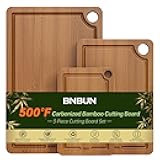 Bamboo Cutting Board for Kitchen, Wooden Cutting Board 3-Piece Set with Non-Slip Mat Deep Juice Groove and Built-In Handles, Wood Cutting Board for Meat Vegetables Fruit Ideal Gift for the Home