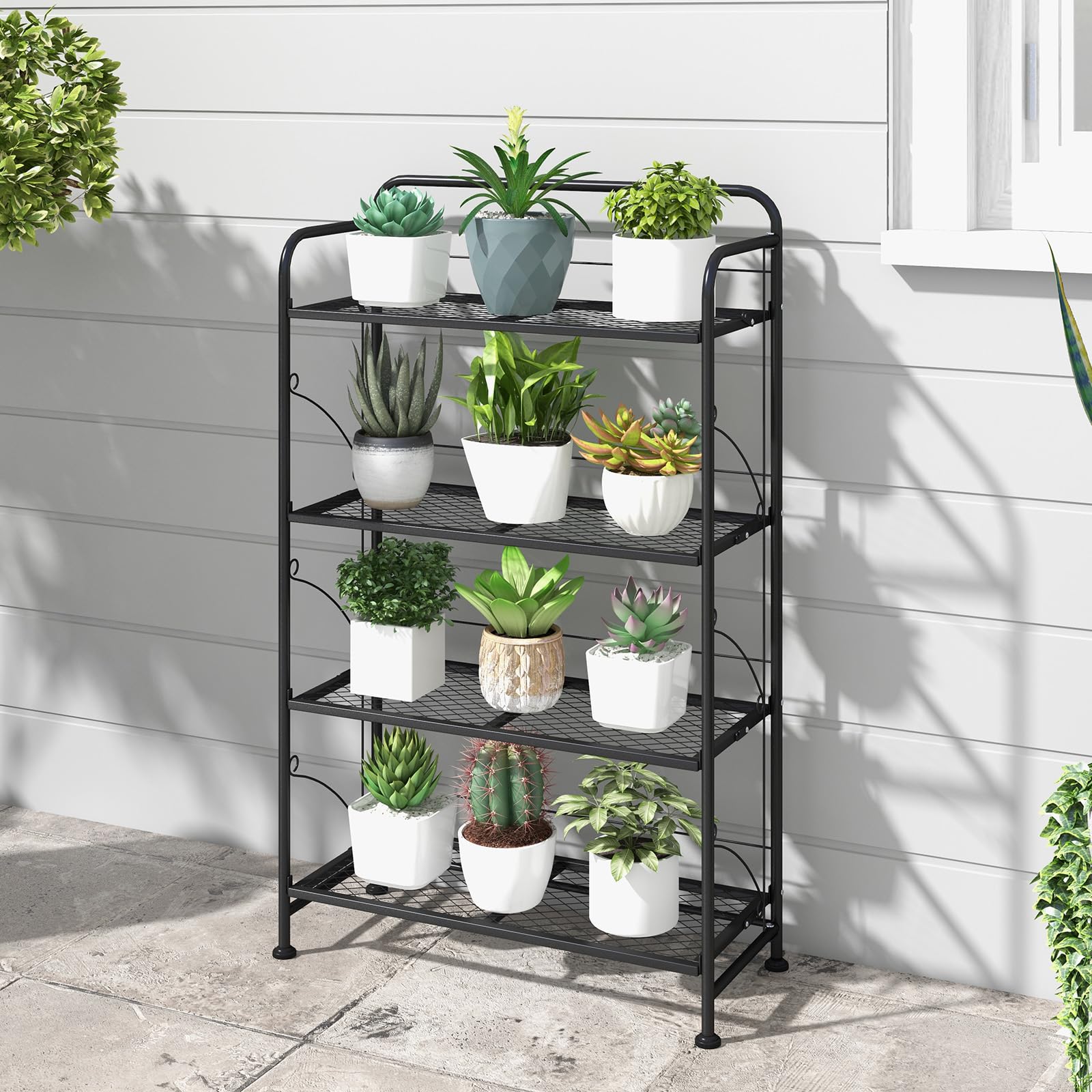Goplus Soporte para plantas de metal, estantería para plantas de 4 niveles con estante plegable y patas ajustables, estantería para flores, escaleras para balcón, terraza, color negro