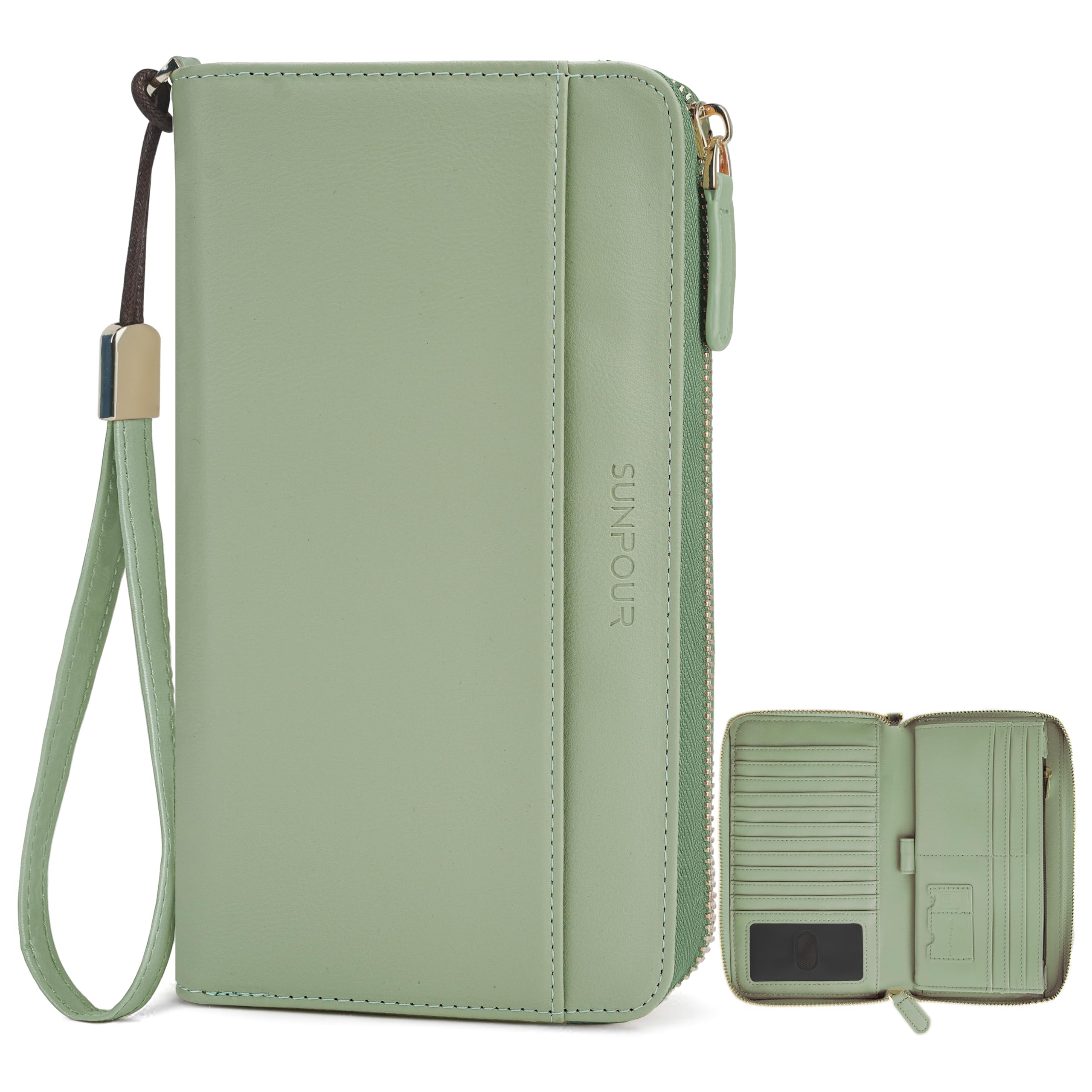 Sunpour Large Travel Wallet for Women,RFID Zipper Wallet with AirTag Slot,Passport Holder Clutch with Wristlet