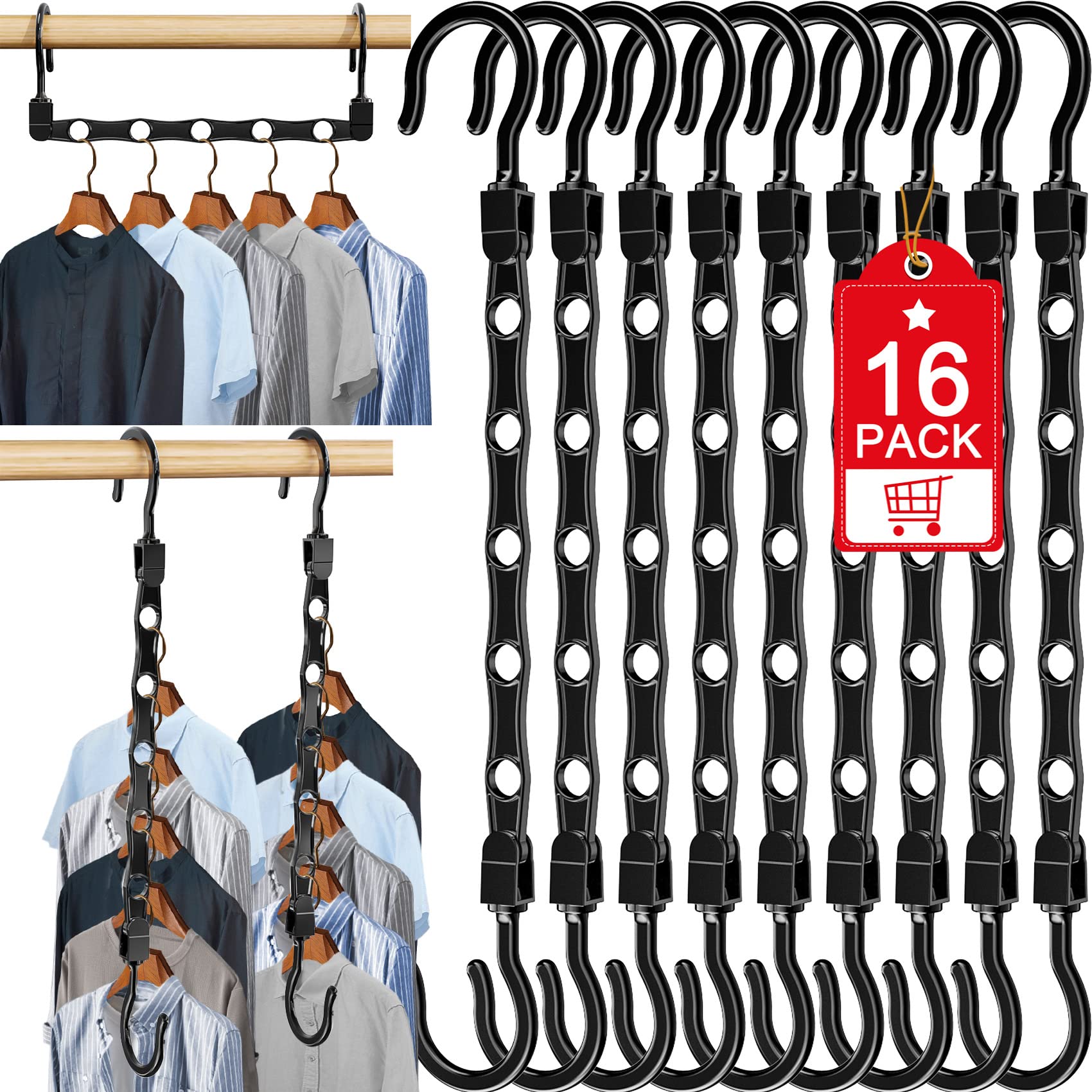 16 Pack Hangers Space Saving Magic Space Saver Storage Smart Plastic Clothes Hanger Organizer Closet Organizers and Storage for Closet Wardrobe Apartment College Dorm Room Essentials, Black