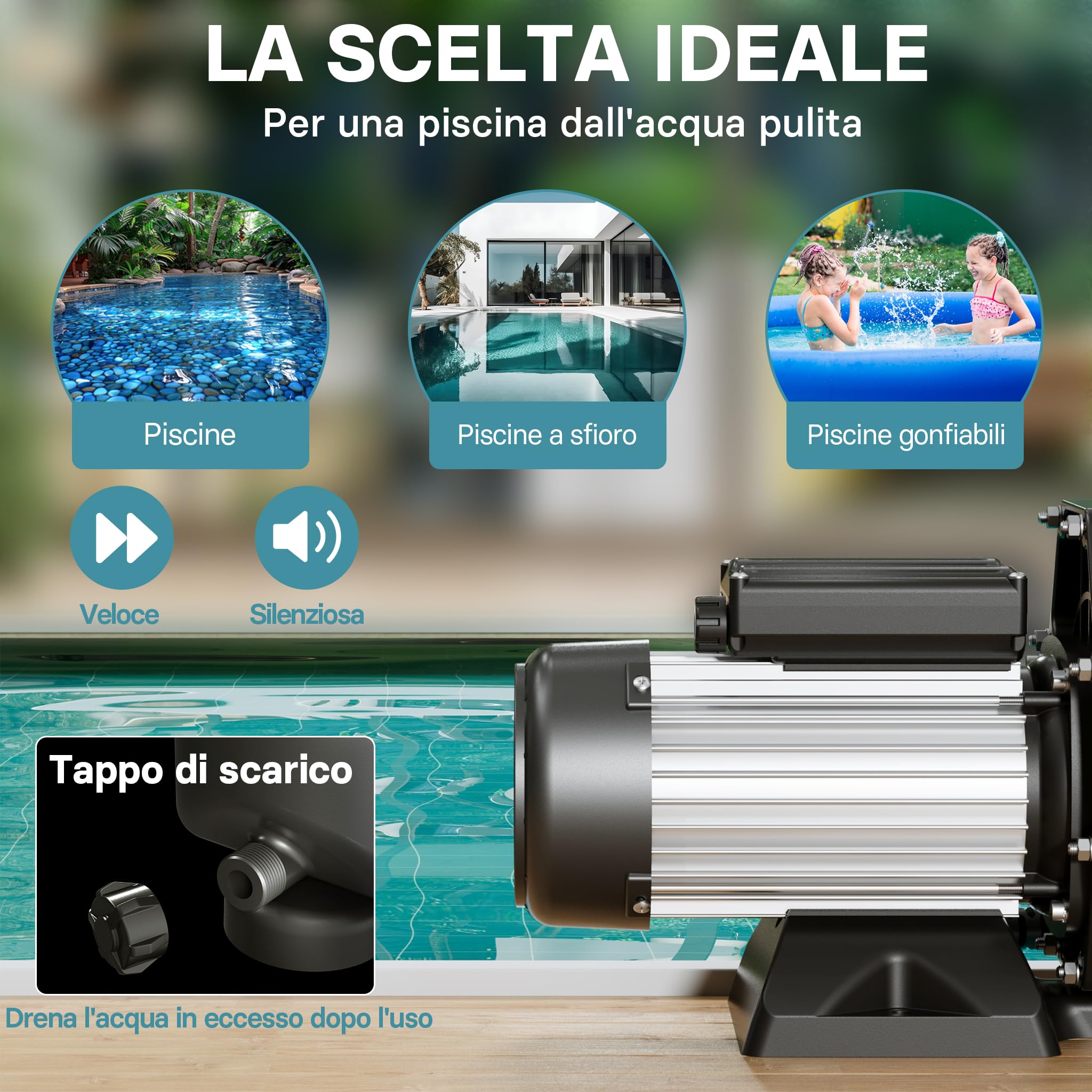 Wiltec Pompa piscina per ricircolo e filtraggio 33600 l/h 1500 W Pompa di circolazione