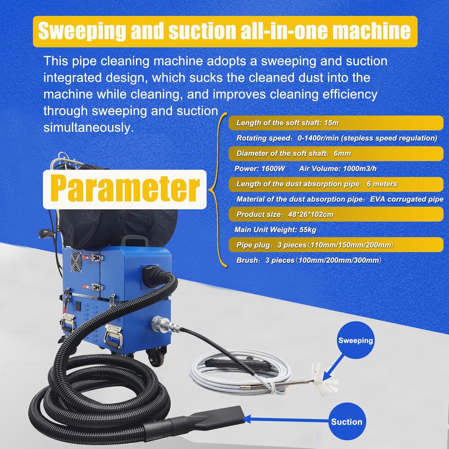 Air Pipe Cleaning Machine 220V Air Duct Vacuuming Cleaner for 2-7.9" Pipe Range Sweeping and Vacuum Suction Integrated Device 0-1400r/min Adjustable Speed with Transformer