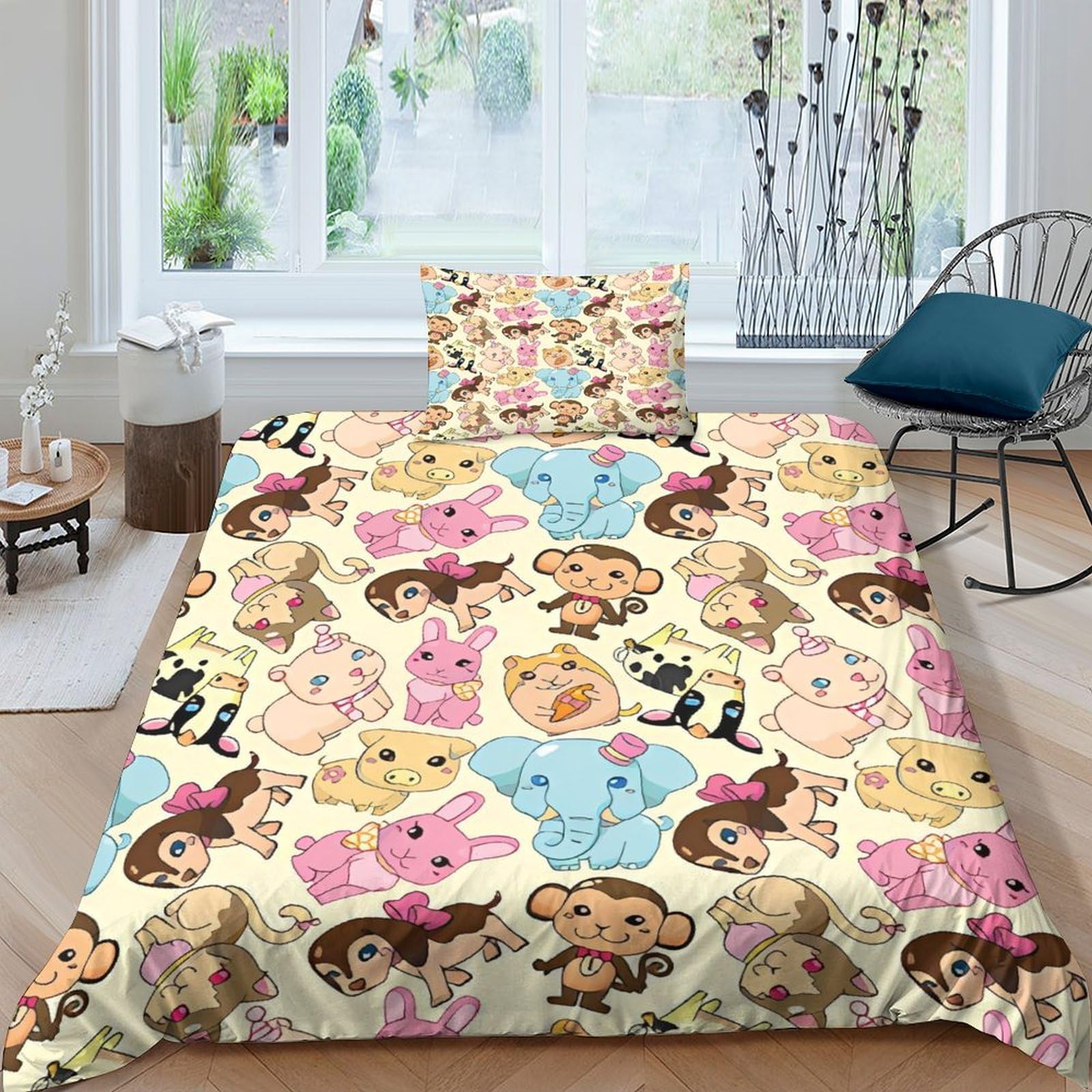 Juego de cama de alta definición con impresión cartoon de mono y elefante
