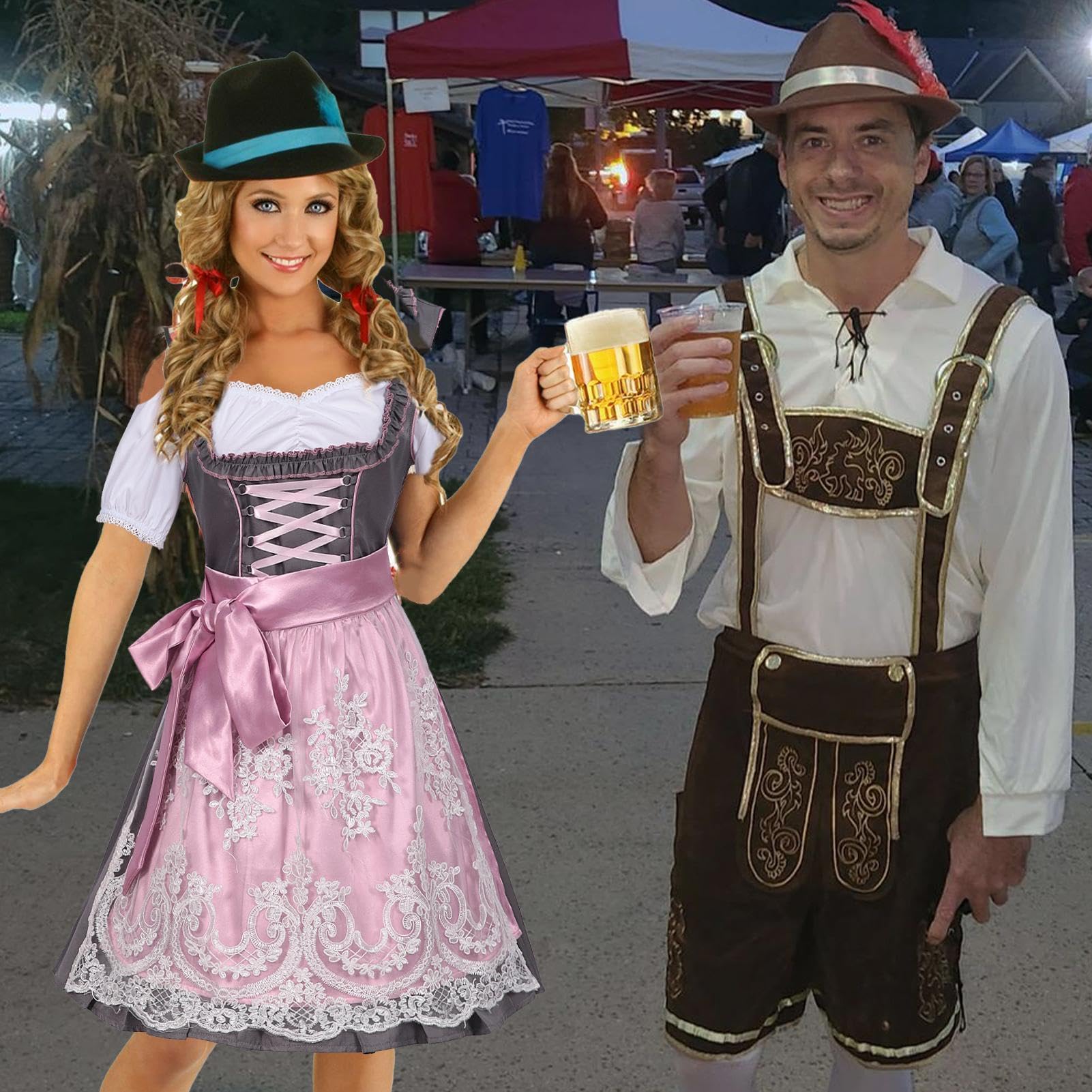 Bawarski kostium na Oktoberfest dla kobiet – autentyczny kostium Dirndl z dekoltem w kształcie litery U, tradycyjny niemiecki kostium na Oktoberfest, damski strój na Oktoberfest, 1 zestaw na Halloween