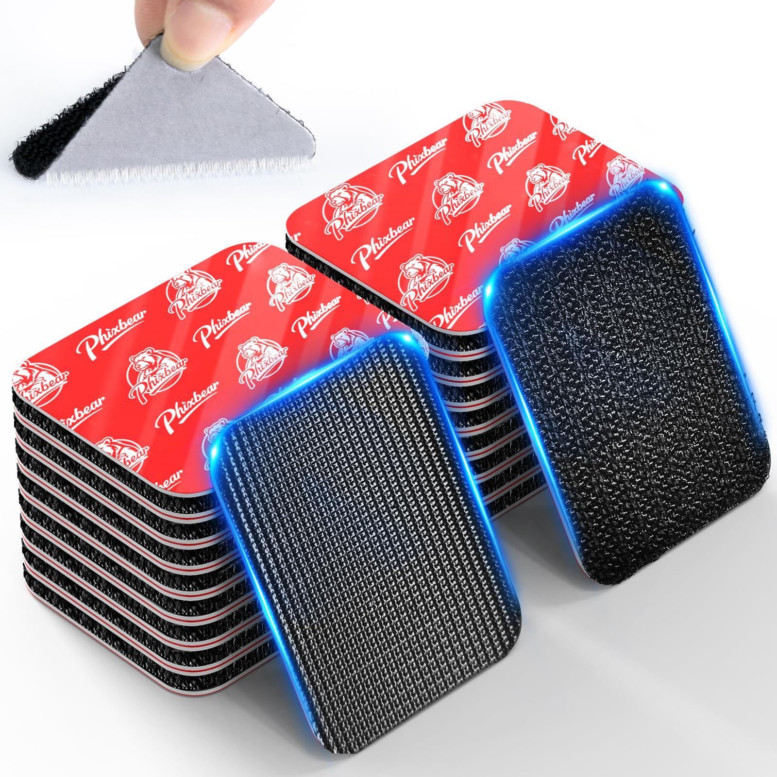PHIXBEAR Tiras de velcro con súper adhesivo resistente, hechas de 3M, resistente al calor, impermeable, para uso en exteriores o interiores, 16 juegos color negro de 1.57 x 1.97 pulgadas