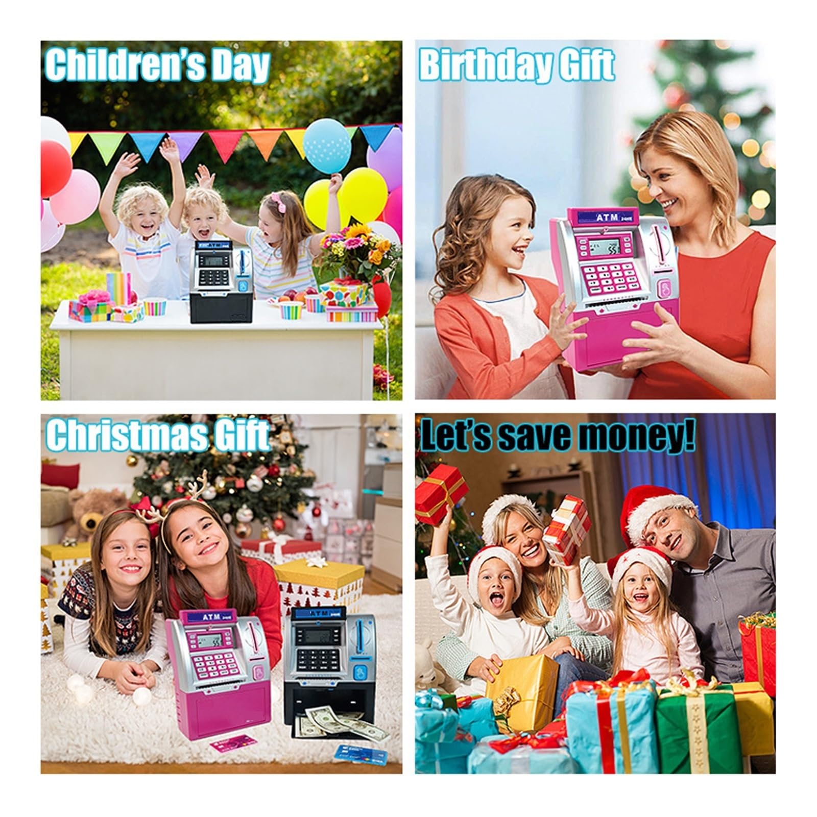 Contatore di denaro, Giocattolo di risparmio bancomat for bambini con smart card, contamonete e cassaforte password | Pink