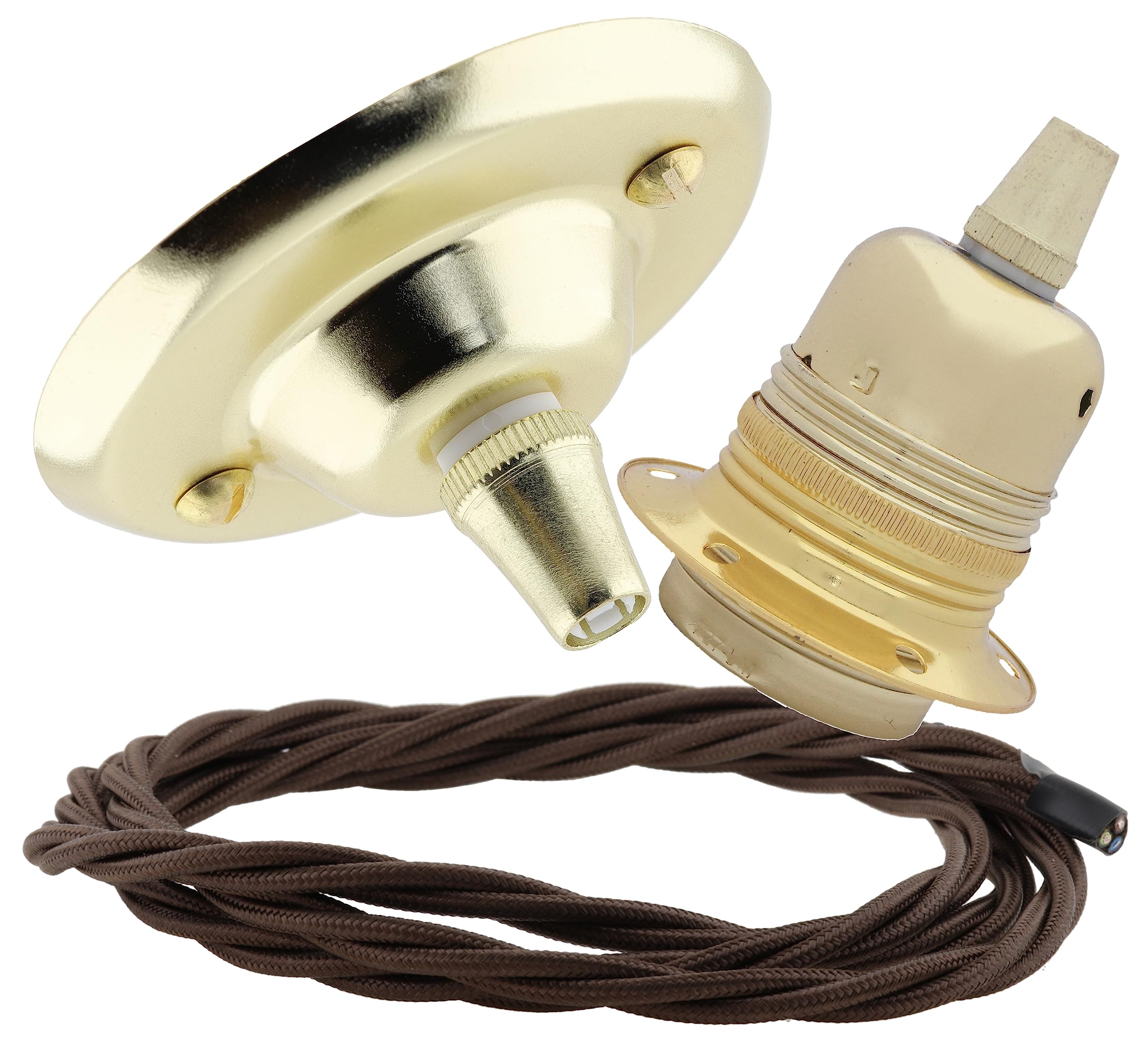 Repaireum Ltd. Vintage Styled Ceiling Pendant Kit incl. Polished Brass Effect Rose, E27 Bulb Holder and 3 Core Bronze Braided Twisted Flex