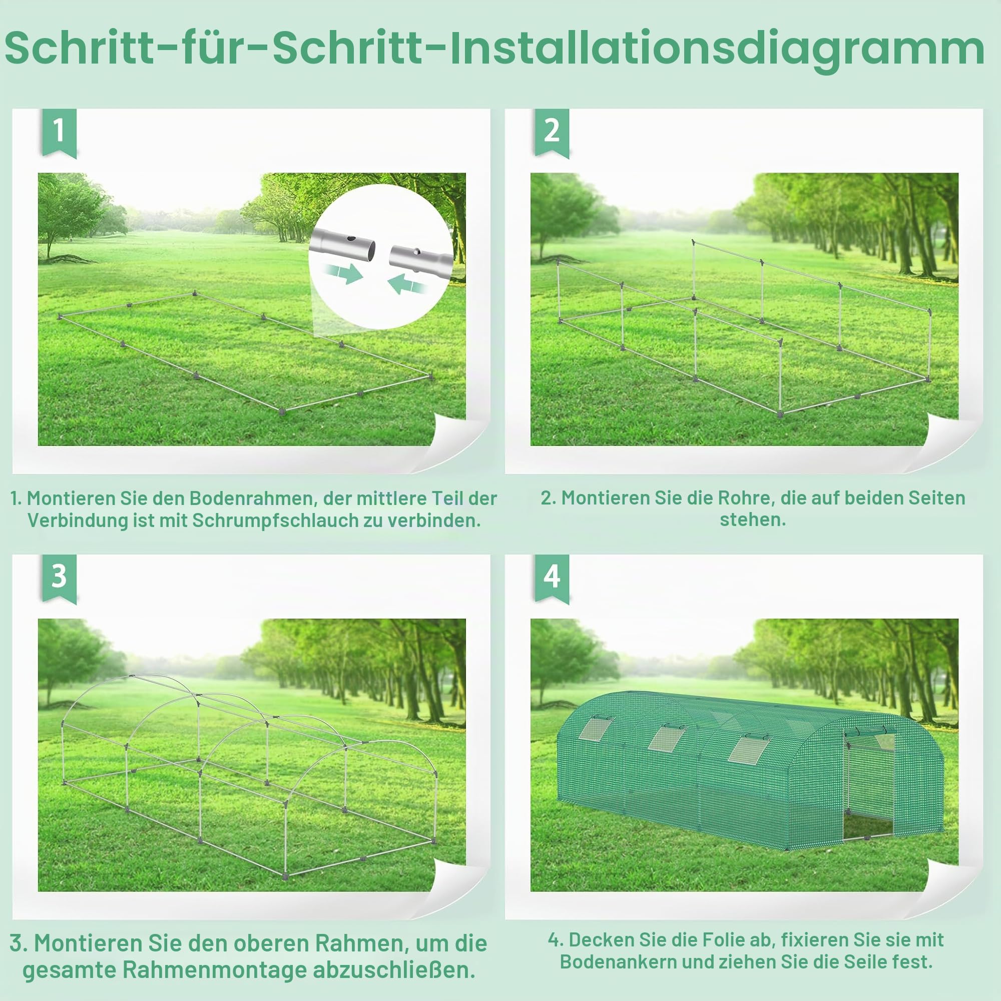 Aufun Folien-Gewächshaus Stabil 3x6x2 m mit 6 Fenster mit Moskitonetz & Tür | Gartentunnel mit Rahmen aus verzinktem Stahl | Tomatengewächshaus, Folienzelt, Pflanzenzelt Foliengewächshaus für Garten