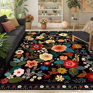 Floral 6x9 Area Rug Machine Washable Soft Print Boho Carpet Non Slip Doormat Low Pile Flower Area Rugs for Living Room Bedroom Nursery Kitchen Dining Room Indoor-Black
