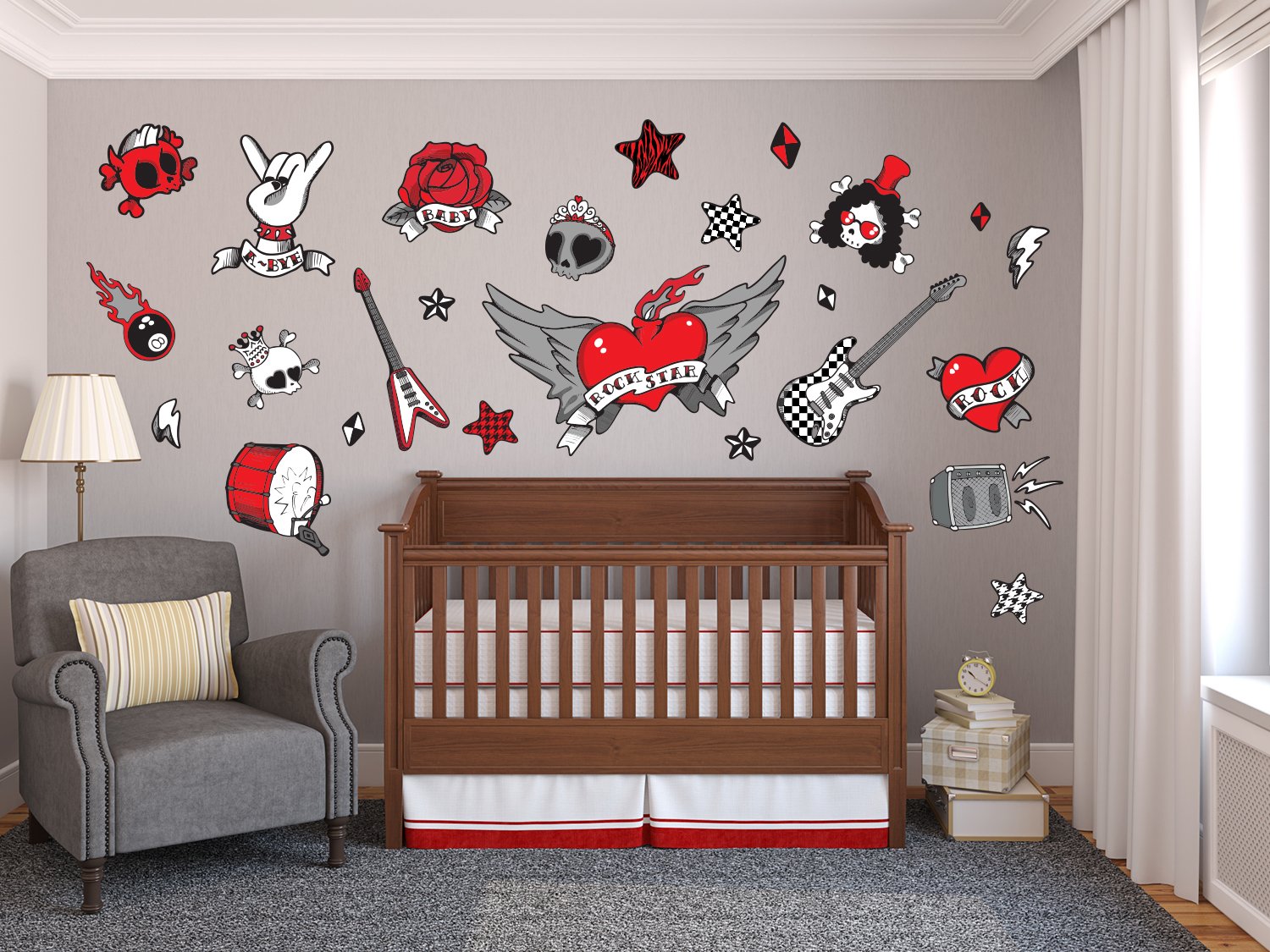 Stickers muraux guitare rock pour chambre garçon et grand sticker crâne en tissu jumbo