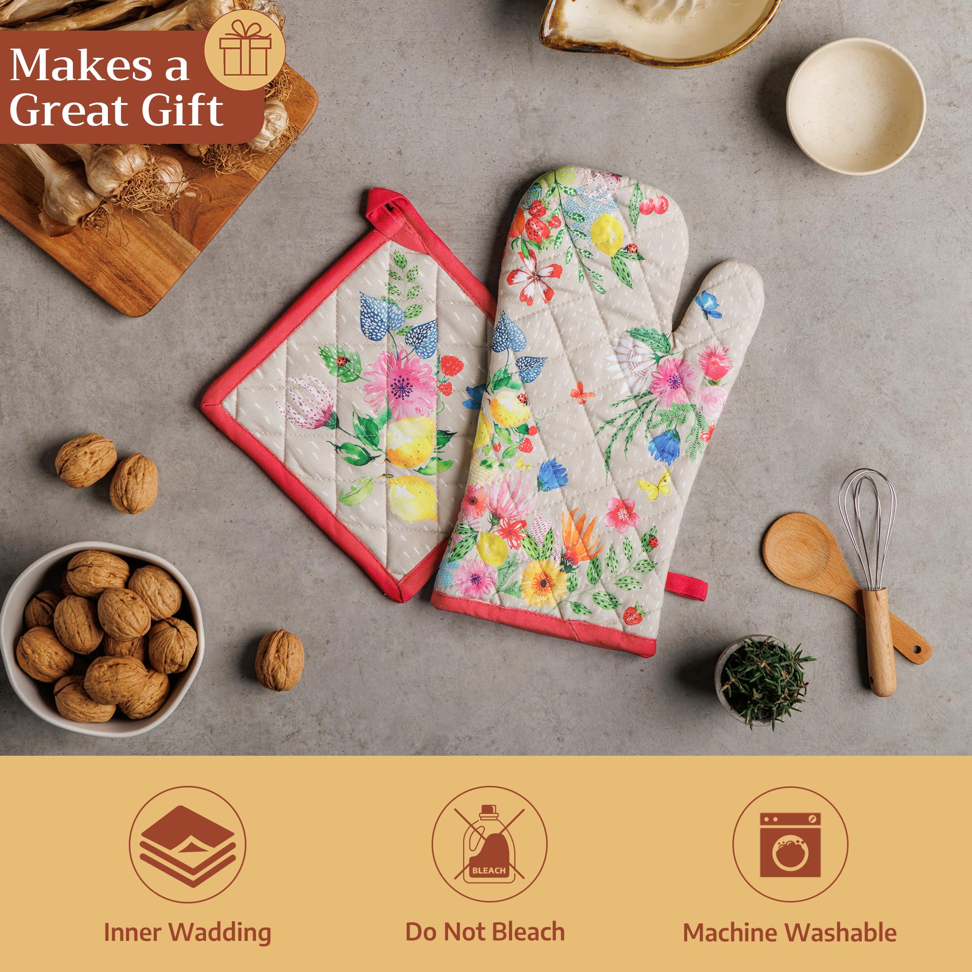 Maison d'Hermine, set di guanti da forno e presine in 100% cotone (19,1 x 33 cm e 20,3 x 20,3 cm) resistenti al calore, per cucina, cottura e barbecue, morbidi, facili da usare, decorazioni pasquali