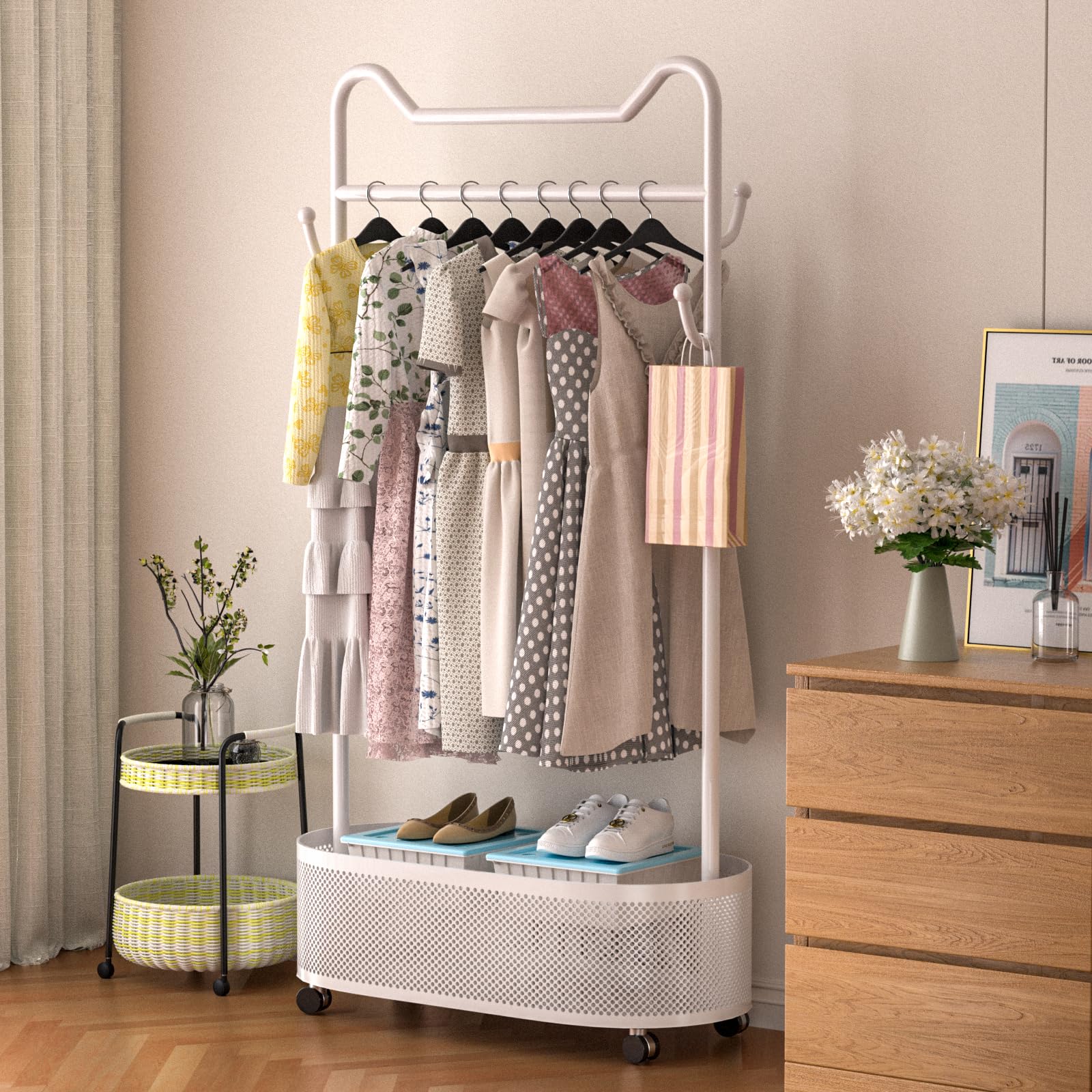 Metal Clothes Rack Coat Rack Home Clothing Rack with Storage Shelf for Hanging Clothes Coats Skirts Shirts Sweaters White