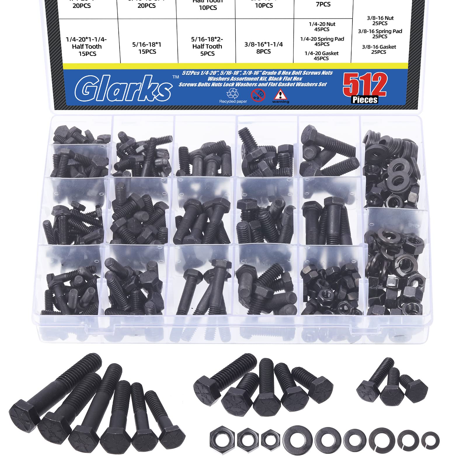 Glarks 512Pcs 1/4-20", 5/16-18", 3/8-16" Kit d'assortiment de rondelles de vis hexagonales de grade 8, rondelles de verrouillage de vis hexagonales noires et rondelles de joint plat