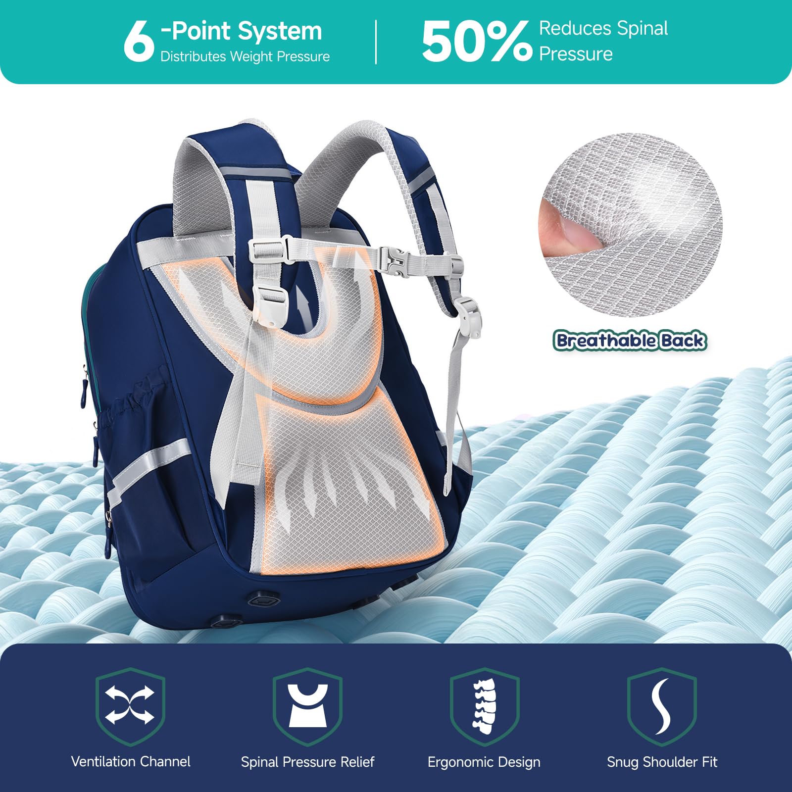 Amythe Schulrucksack Jungen 1. - 5. Klasse mit Reflektierend für Schule | Ergonomisch Schulranzen Lässiger Schultasche mit Brustgurt, Wasserdicht - Blau