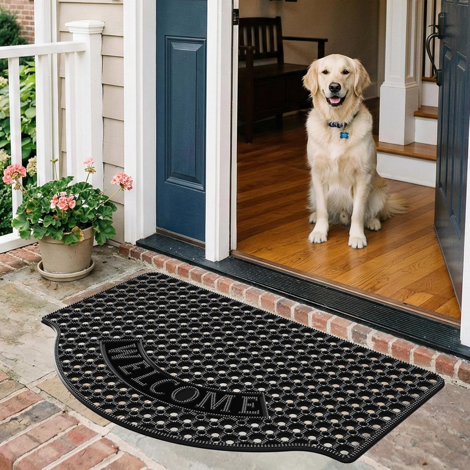 23”x35” Black Non Slip Waterproof Welcome Rubber Door Mat with Holes, Outdoor Rubber Mats with Drainage for Entrance,Patio,Garage,Restaurant and Bar, Commercial Floor Mats Outdoor that Drain Water