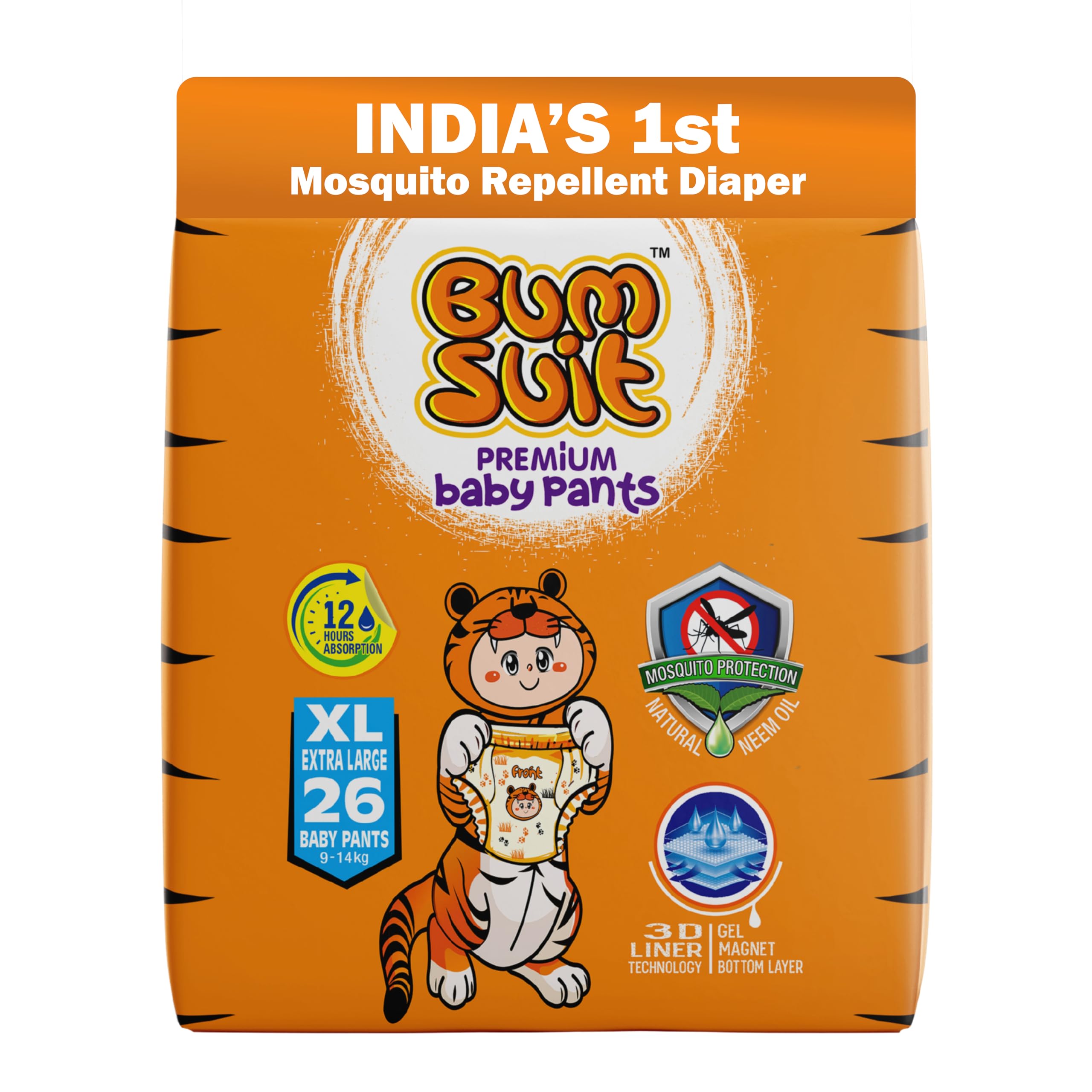 Bumsuit Baby Pants Diapers XL (12–17kg), 28 Count | India’s 1st Mosquito Protection | 12 Hr Absorption | Soft Cottony Breathable Fabric | Stretchable Waistband | Leak Guard & Rash-Free Comfort