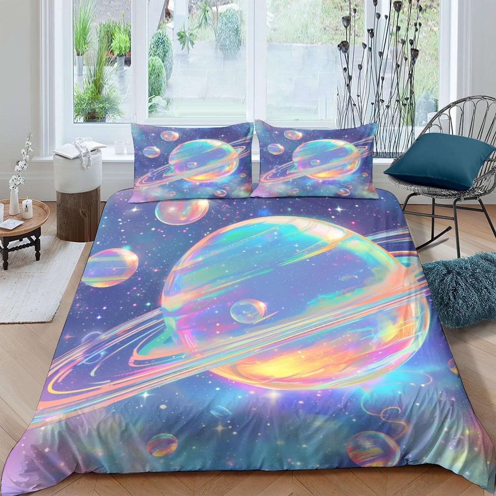 Parure de lit 3 pièces en microfibre ultra douce motif espace zippée 200x200