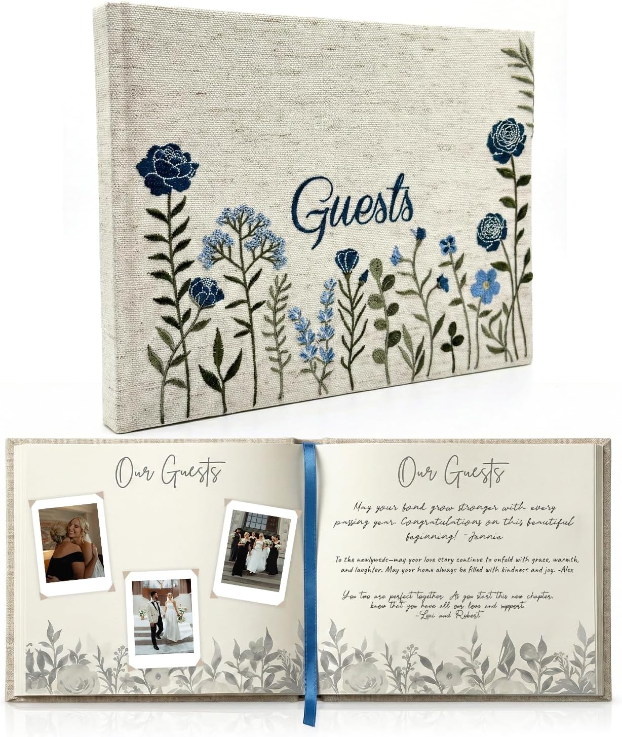 Linen Embroidered Photo Wedding Guest Book-Premium Hardcover Polaroid Guestbook for Wedding Reception, Baby Shower, Bridal Shower, Funeral, Graduation -160 Pages for Notes 10.25" × 8.25" (Dusty Blue)