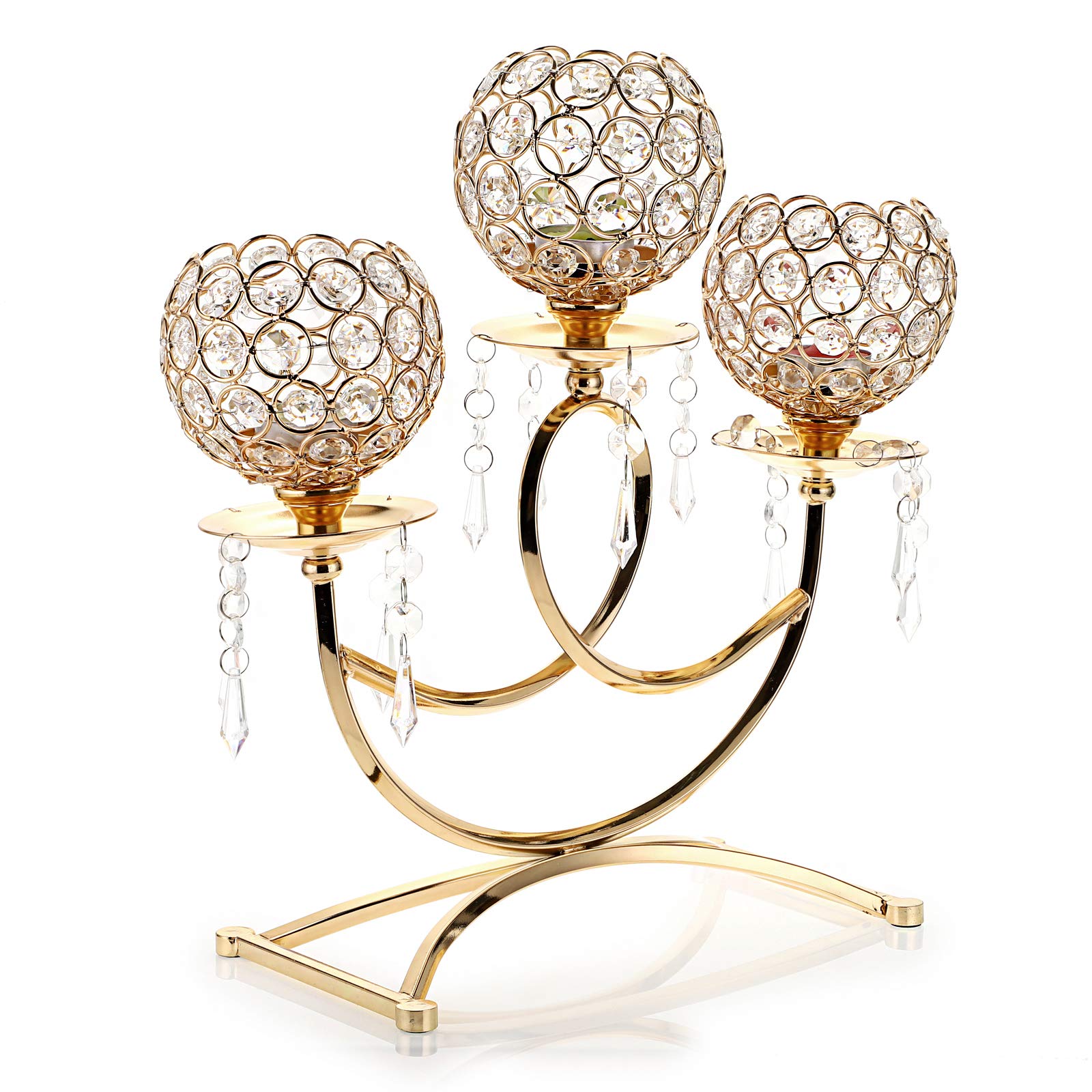 OwnMy 3 Arms Crystal Candle Holders Bowls Tealight Candelabras Candlestick Candle Stand Ornaments for Wedding Dining Table Christmas Party Home Decoration Centerpiece (Golden)