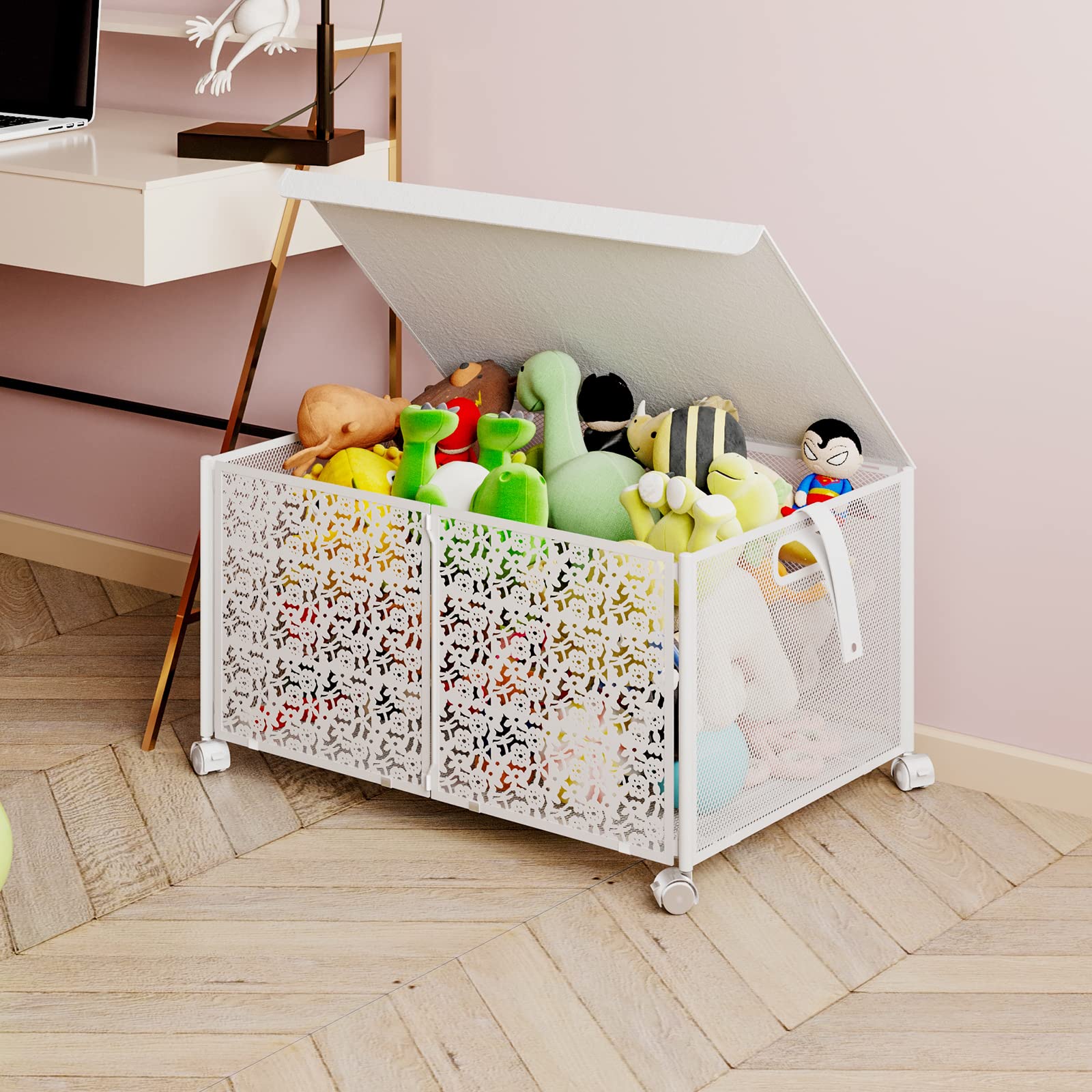 Caja de Almacenamiento de Juguetes Grande con Tapa, Organizador de Juguetes Plegable de Metal con Ruedas para Niños y Niñas, Ropa, Libros, Guardería, Felpa (#4)