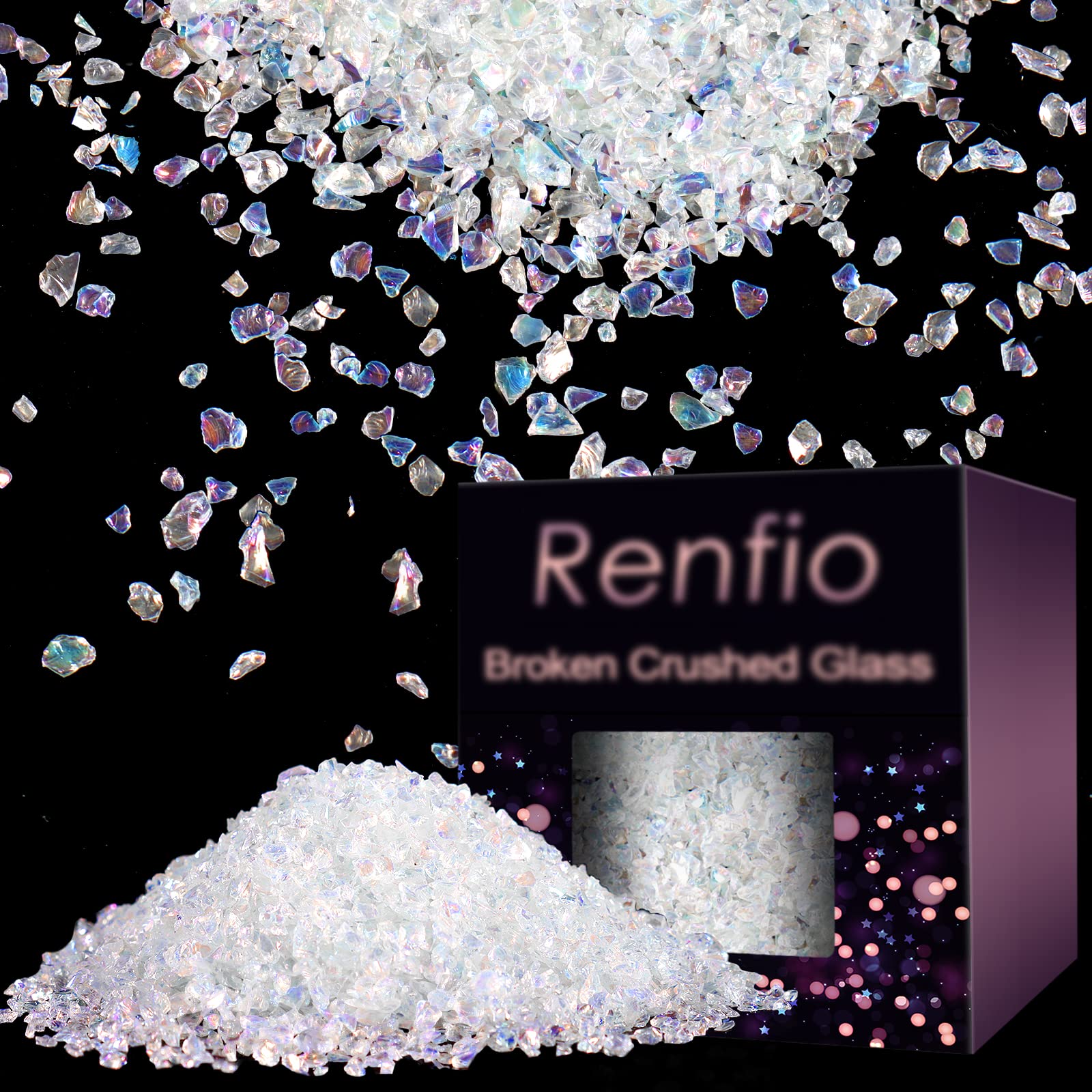 Renfio Broken Crushed Glass Glitter Shards 2-4mm Irregular Small Metallic Chunky Chips 7 Oz (200g) High Luster Craft Sequin Gravel for DIY Phone Case Geode Resin Art Coasters Ornament - Colorful white