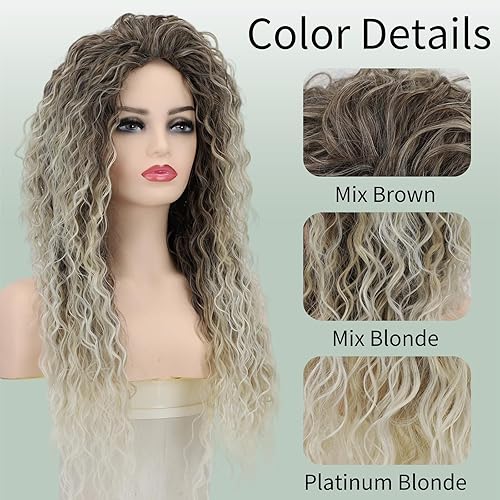 Miniatura 103 de Fencca Peluca rubia larga y ondulada para mujer, pelucas sintéticas resistentes al calor, para uso diario en fiestas Rubio degradado,Rubio