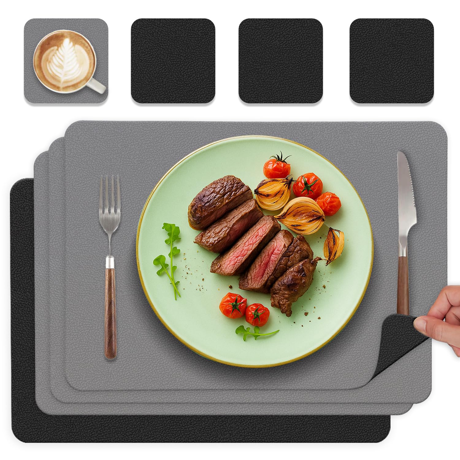 Tischsets Abwaschbar und Untersetzer, Platzset Leder Platzdeckchen Abwaschbar Doppelseitigen Tischsets Umkehrbares Tischset rutschfest Lederoptik